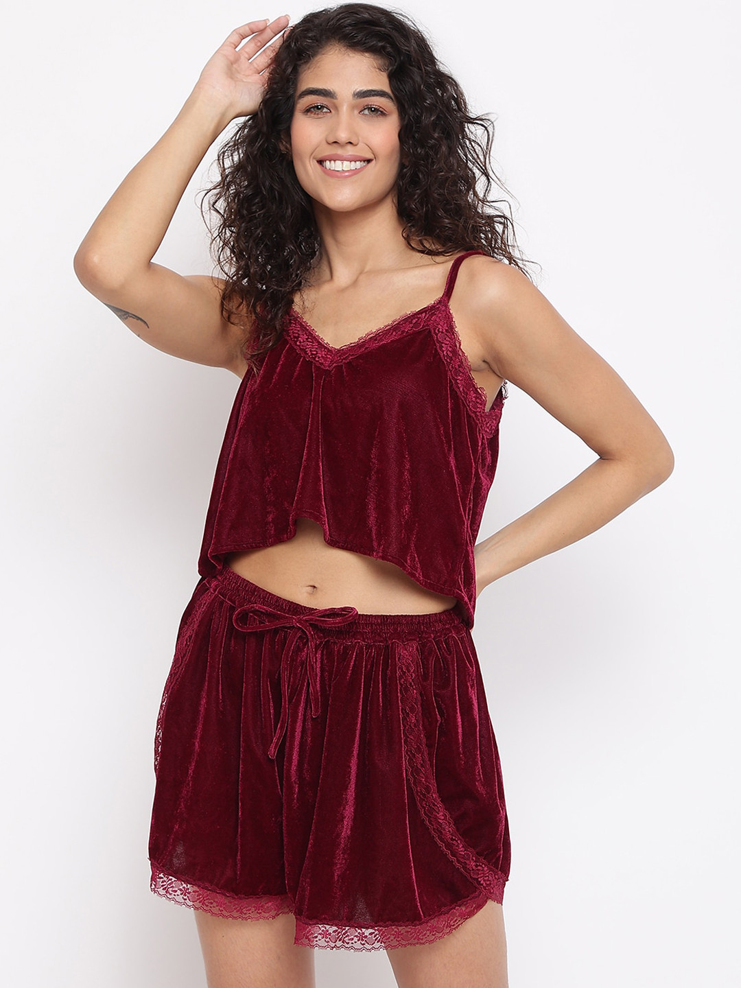 

DECOREALM Women Red Solid Velvet Night suit