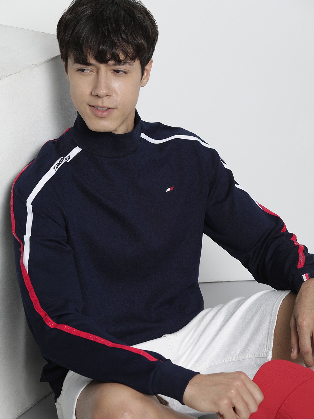 

Tommy Hilfiger Men Navy Blue Solid High-Neck Sweatshirt With Side Stripes