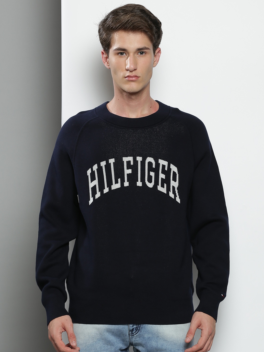 

Tommy Hilfiger Men Navy Blue & White Crew Neck Varsity Brand Logo Pullover
