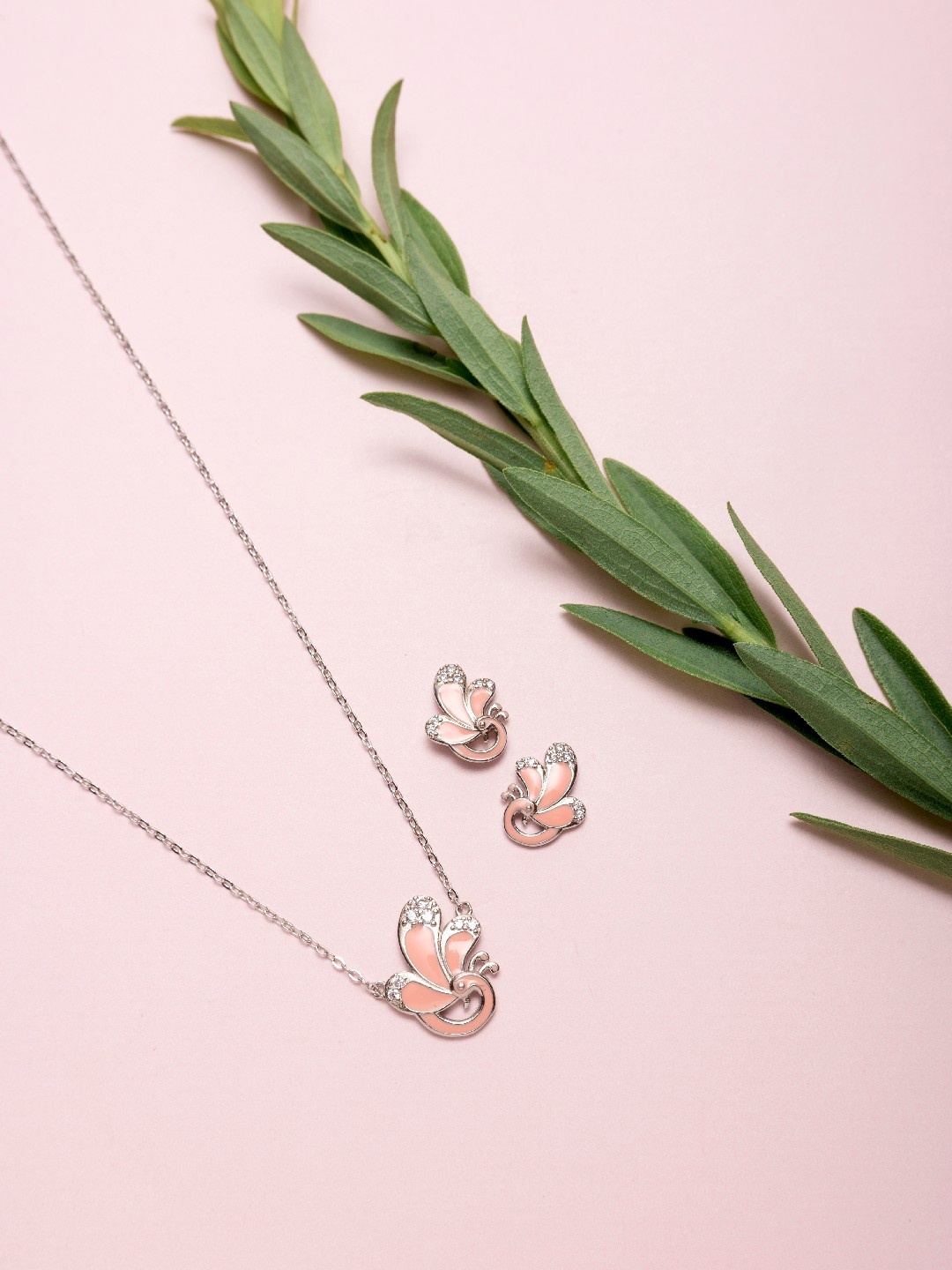 

Zavya Women 925 Sterling Silver & Peach-Coloured Rhodium-Plated Necklace with Earrings