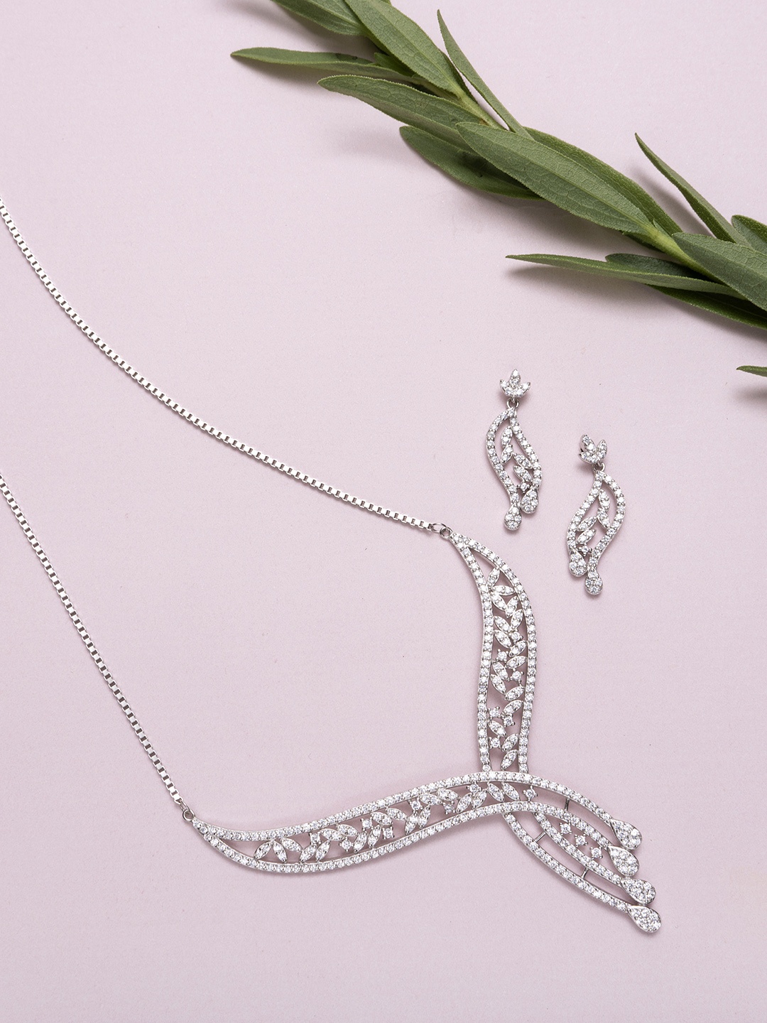 

Zavya Women 925 Sterling Silver Stone Studded Rhodium-Plated Necklace with Earrings