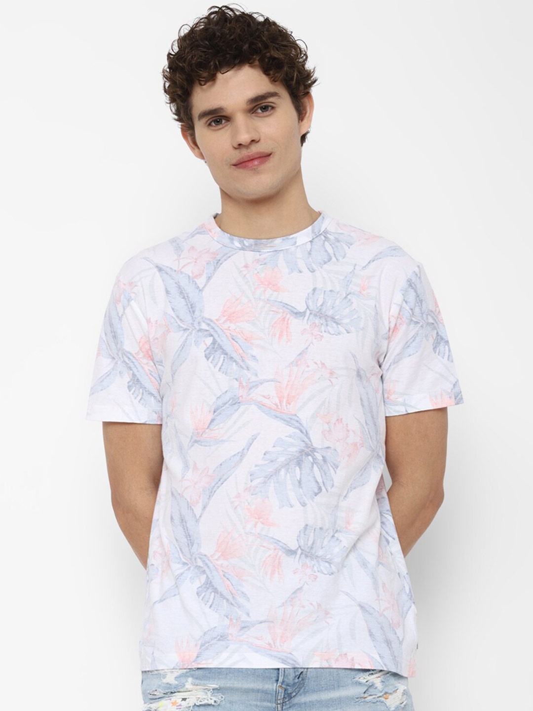 

AMERICAN EAGLE OUTFITTERS Men White Floral Printed Tropical Raw Edge T-shirt
