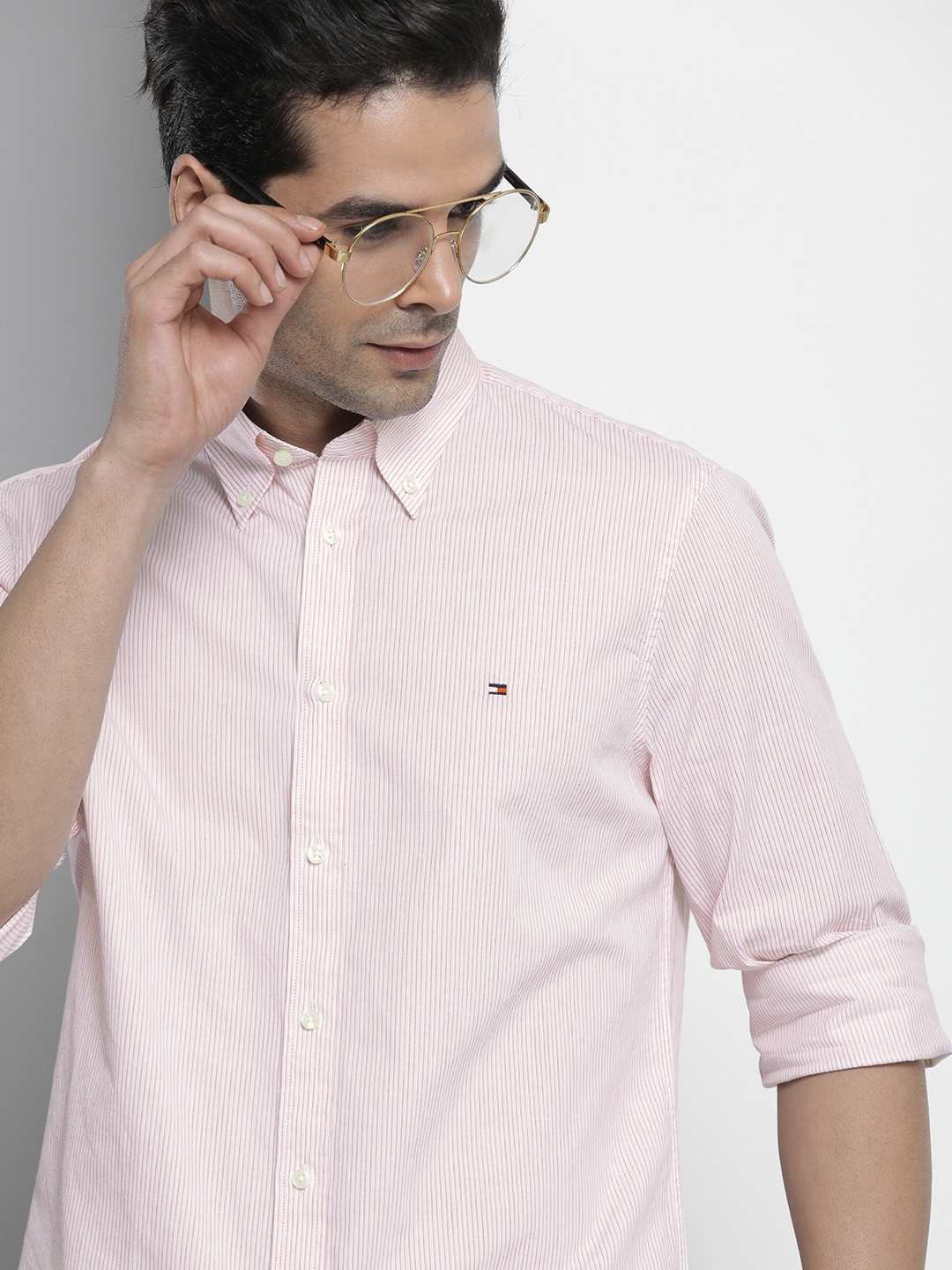 

Tommy Hilfiger Men Pink Striped Slim Fit Organic Cotton Casual Shirt