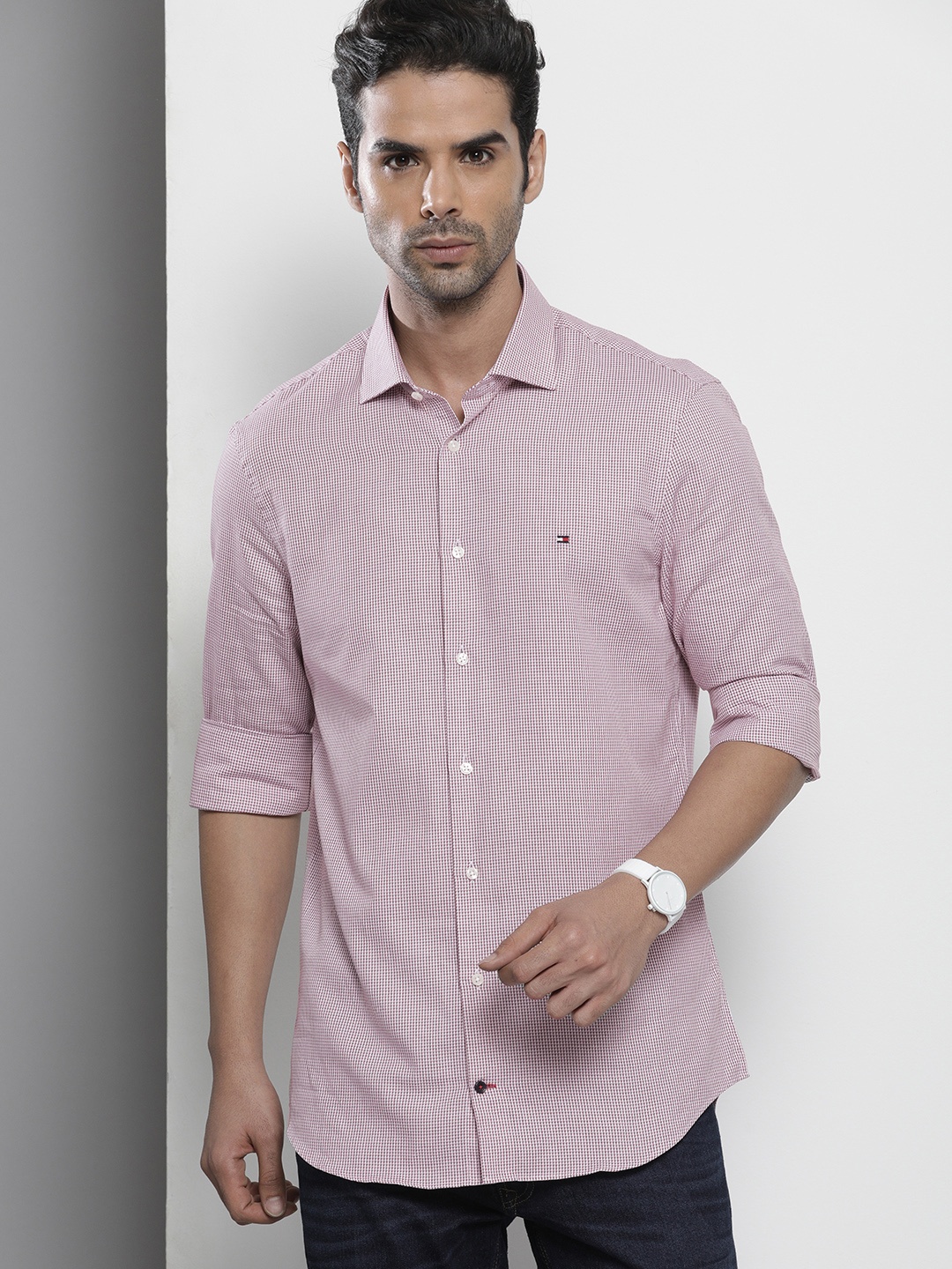

Tommy Hilfiger Men Burgundy Micro Ditsy Printed Slim Fit Pure Cotton Casual Shirt