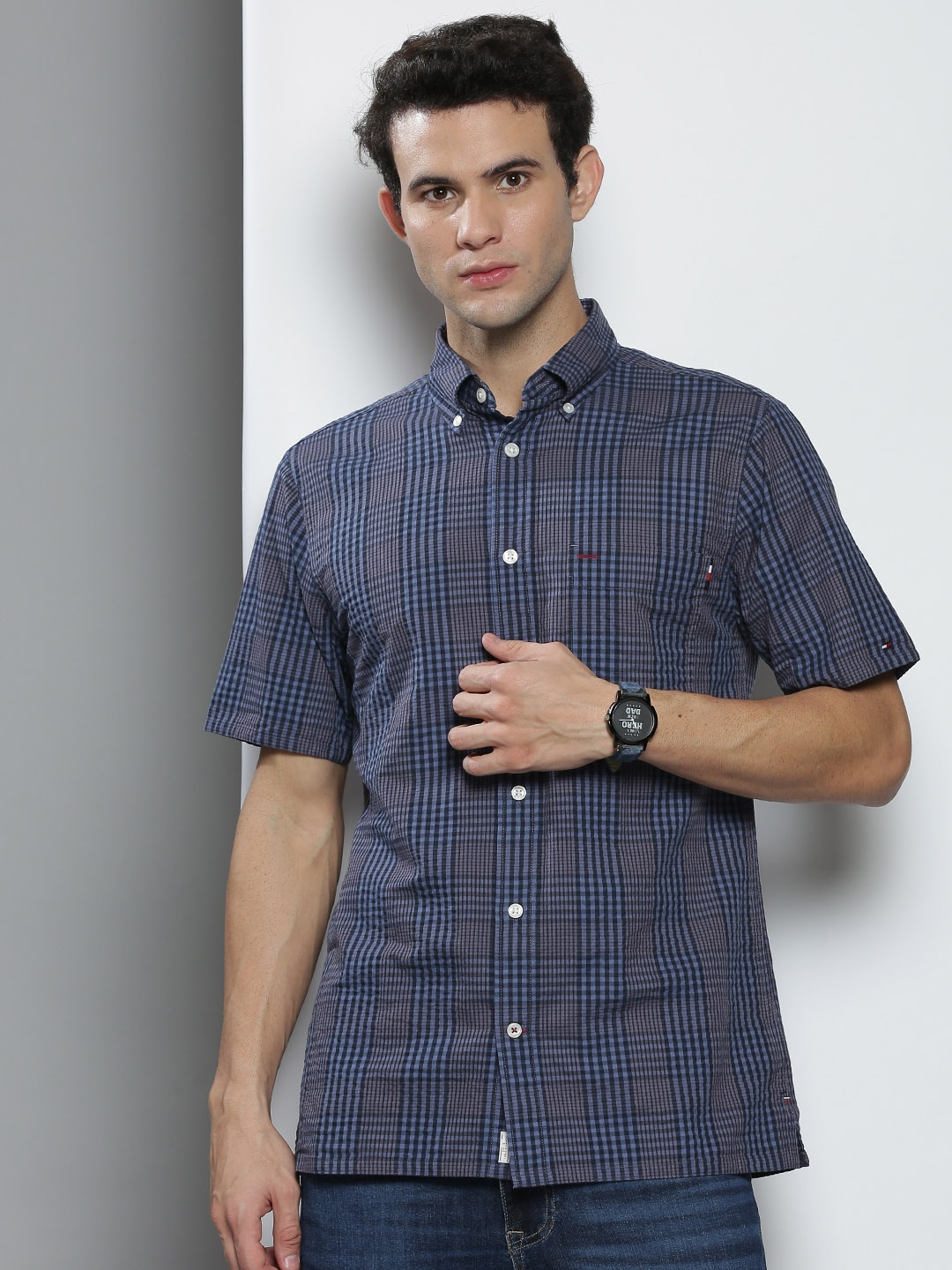 

Tommy Hilfiger Men Blue Checked Cotton Casual Shirt