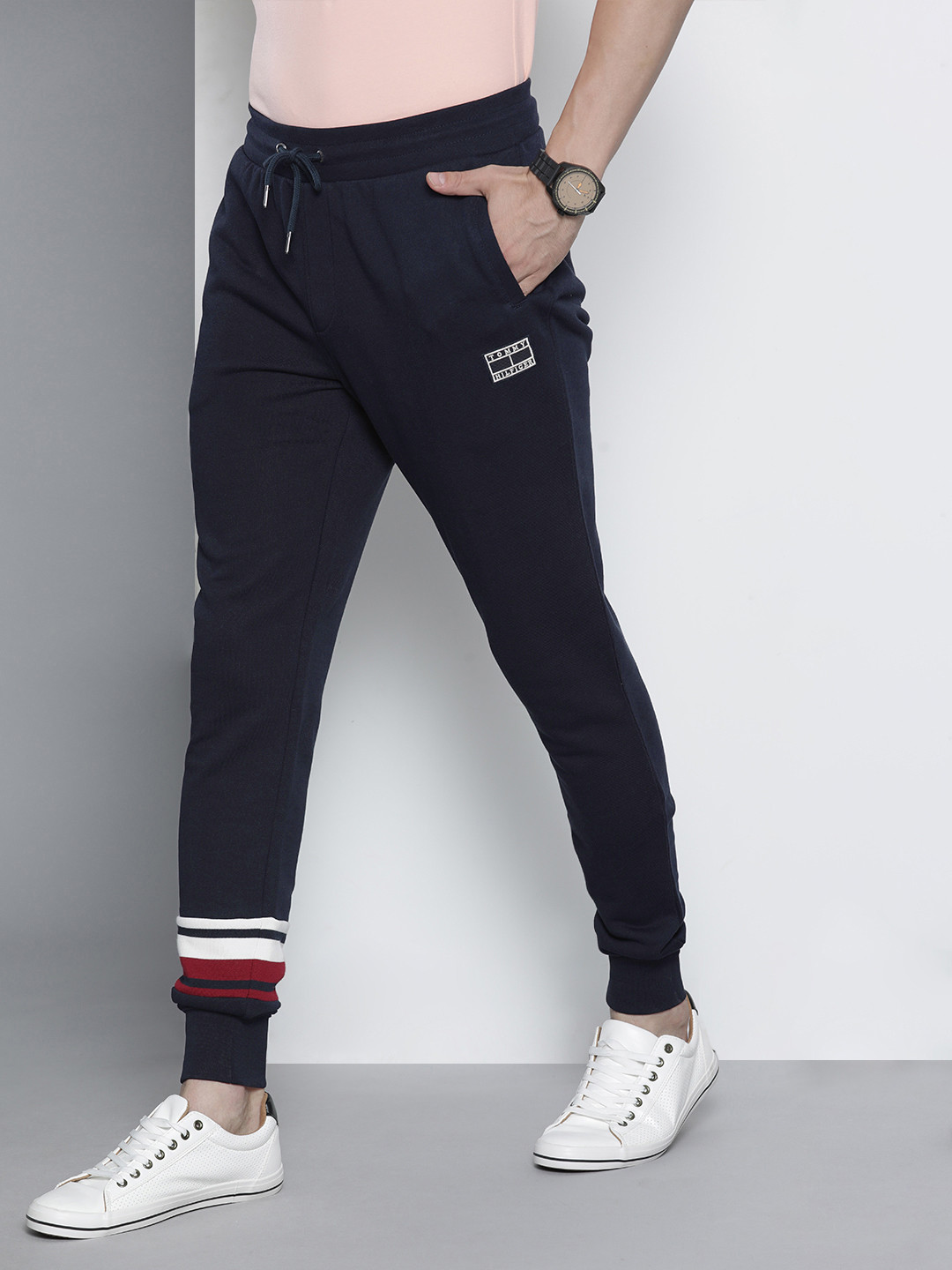 

Tommy Hilfiger Men Navy Blue & White Striped Joggers