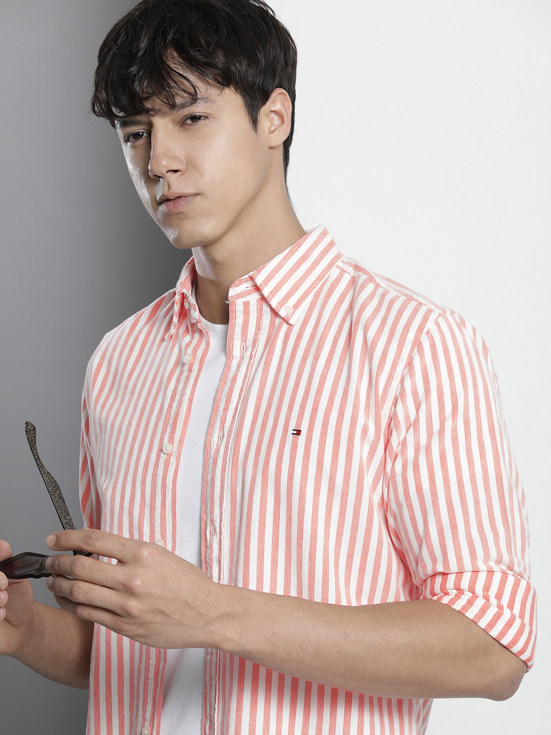 

Tommy Hilfiger Men Peach-Coloured And White Striped Pure Cotton Casual Shirt