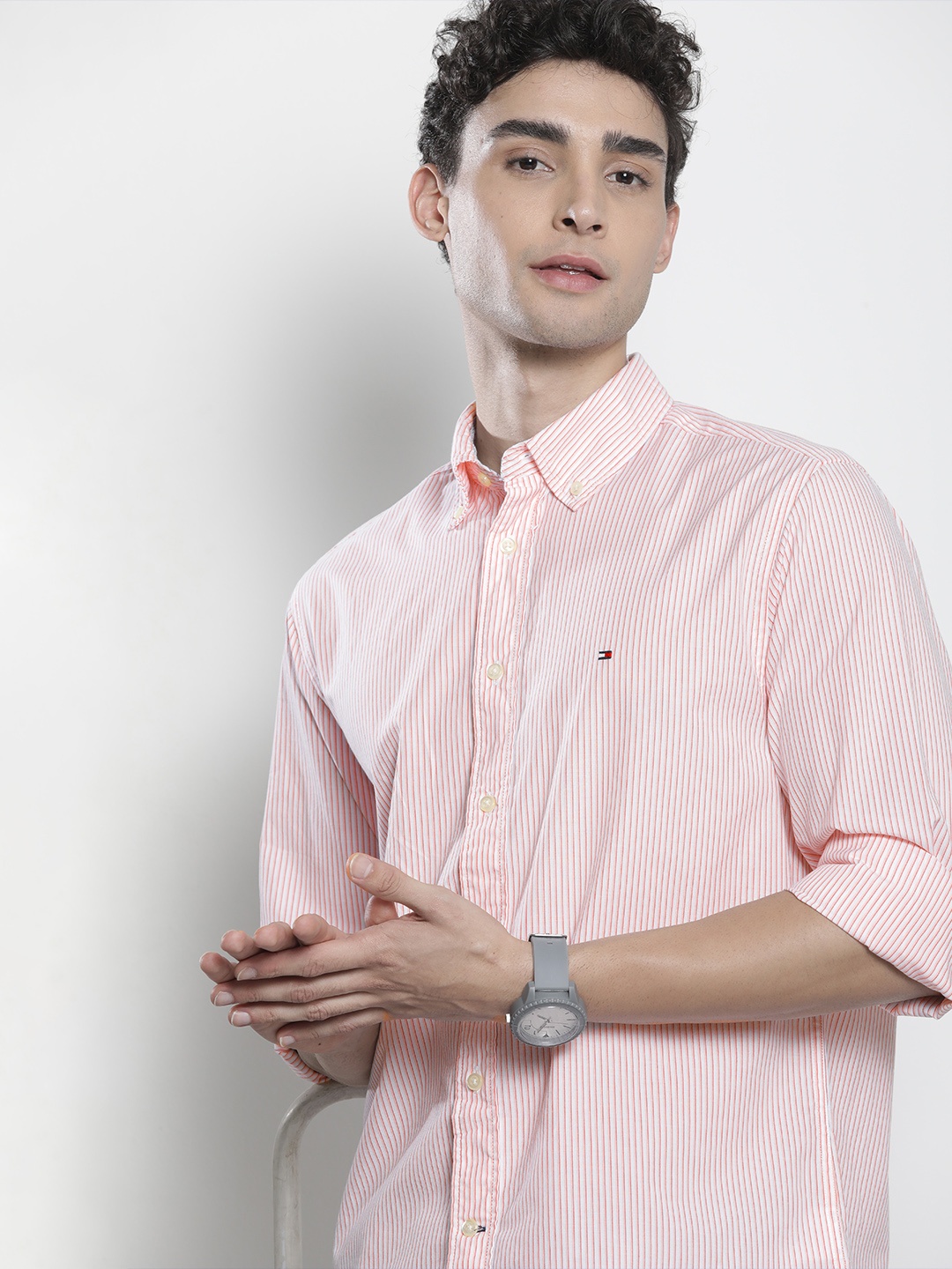 

Tommy Hilfiger Men Peach-Coloured And White Striped Pure Cotton Casual Shirt