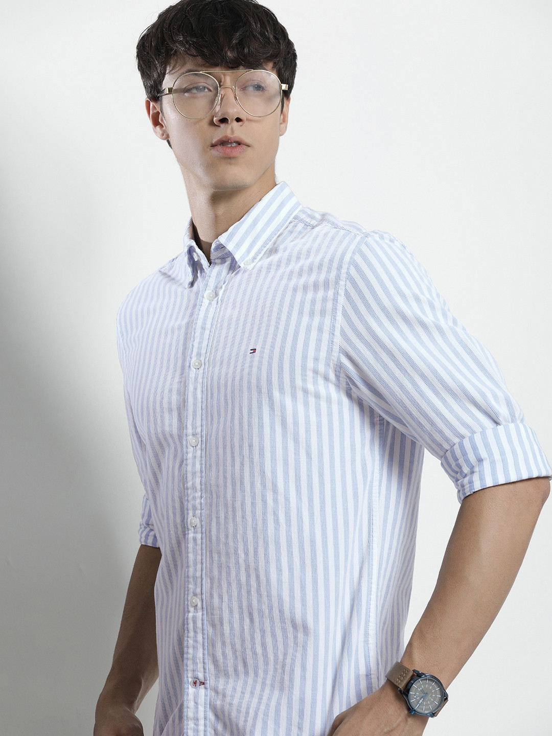 

Tommy Hilfiger Men White & Blue Striped Corduroy Pure Cotton Casual Shirt