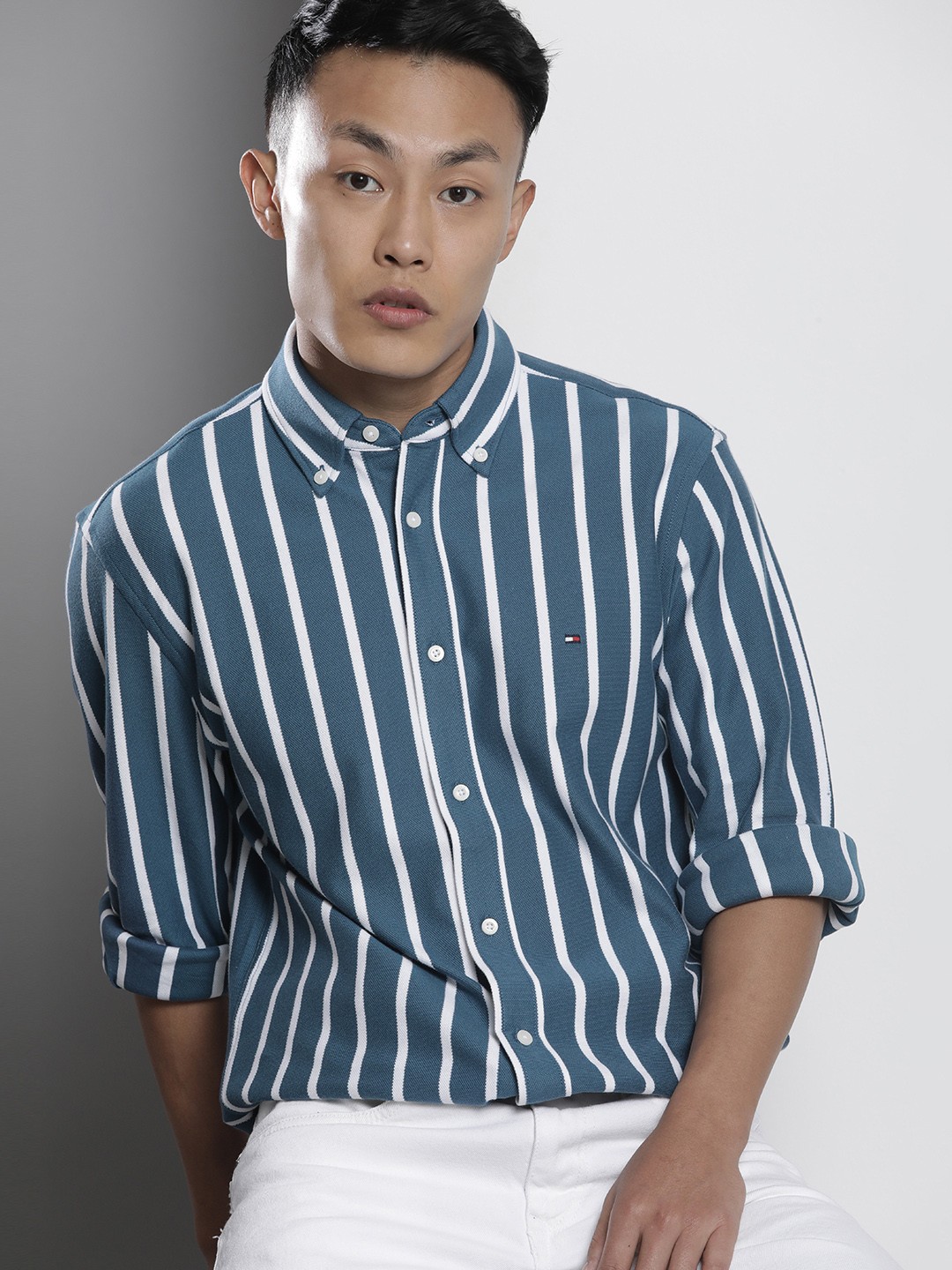 

Tommy Hilfiger Men Teal Blue And White Striped Casual Shirt