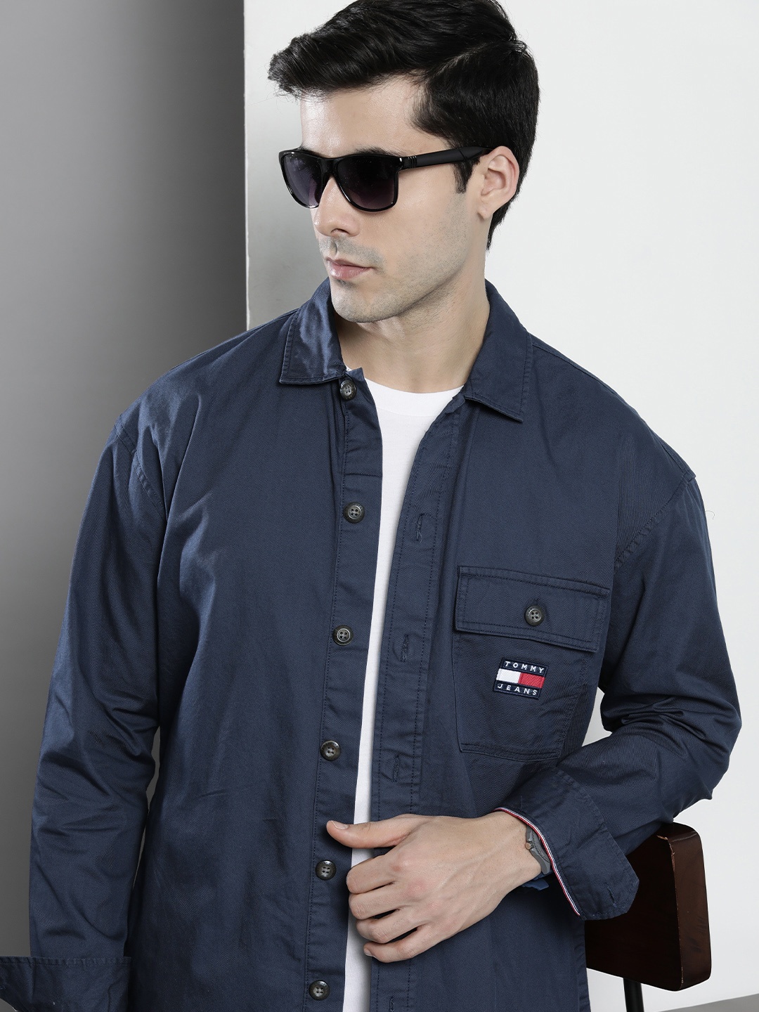 

Tommy Hilfiger Men Navy Blue Solid Organic Cotton Casual Over Shirt
