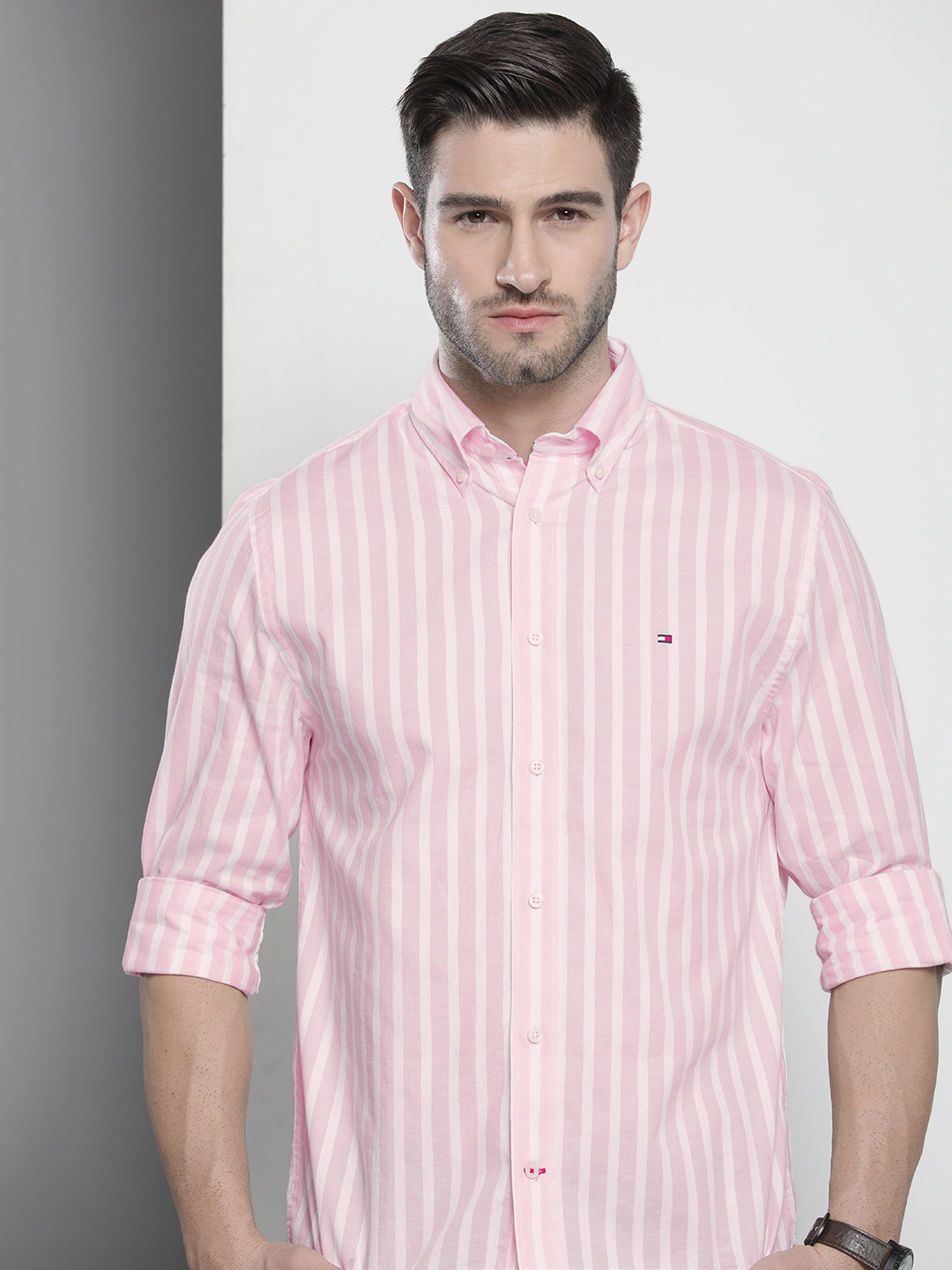

Tommy Hilfiger Men Pink & White Striped Pure Cotton Casual Shirt