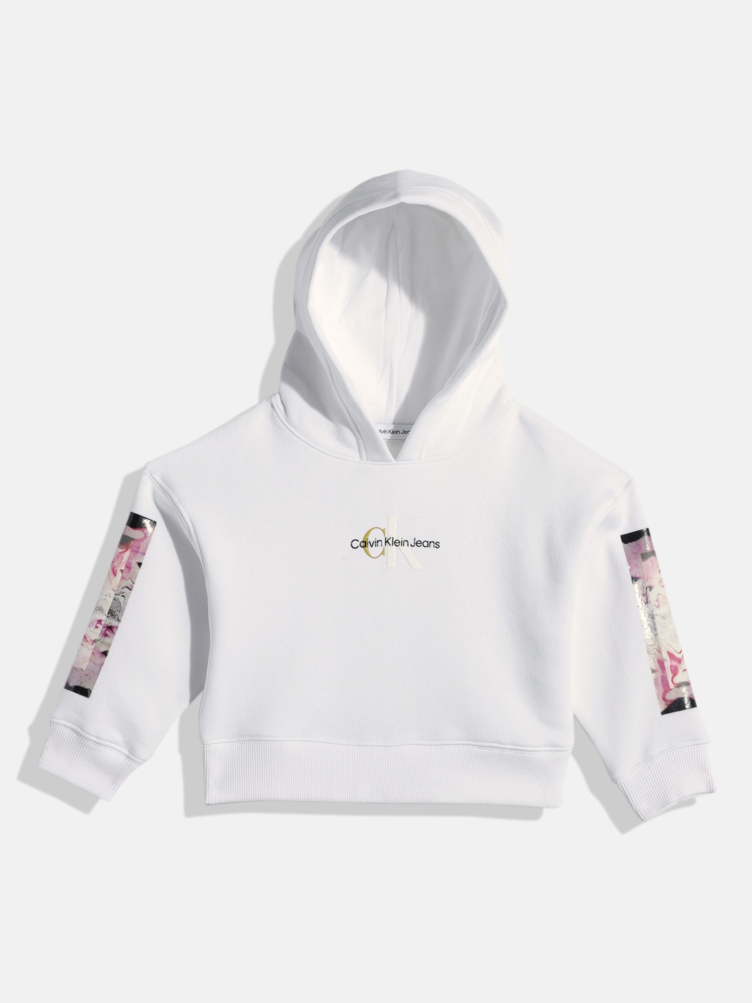 

Calvin Klein Jeans Girls White Brand Logo Printed Hooded Cropped Sweatshirt