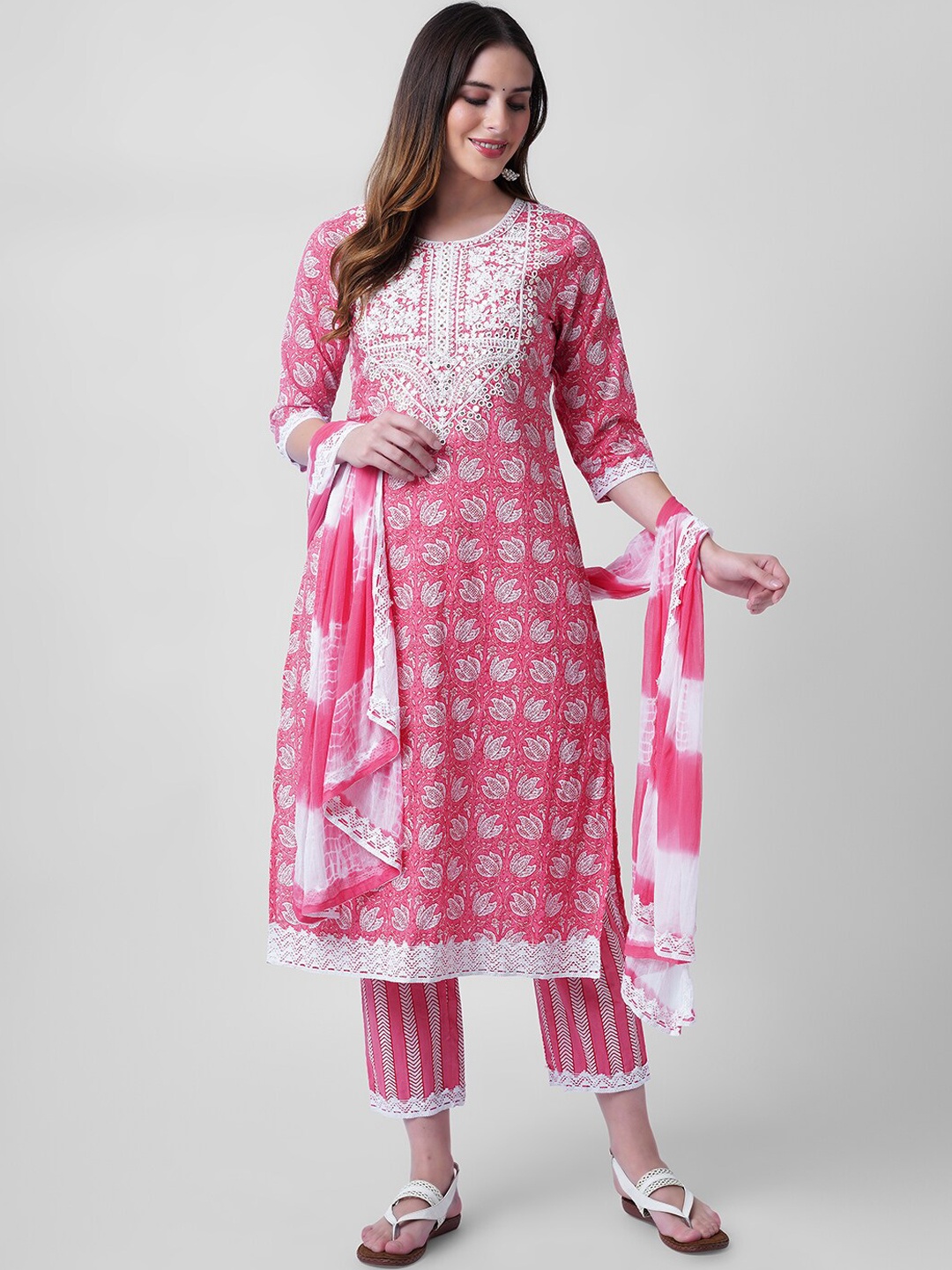 

NITVAN Women Pink Printed Chikankari Pure Cotton Kurta with Sharara & With Dupatta