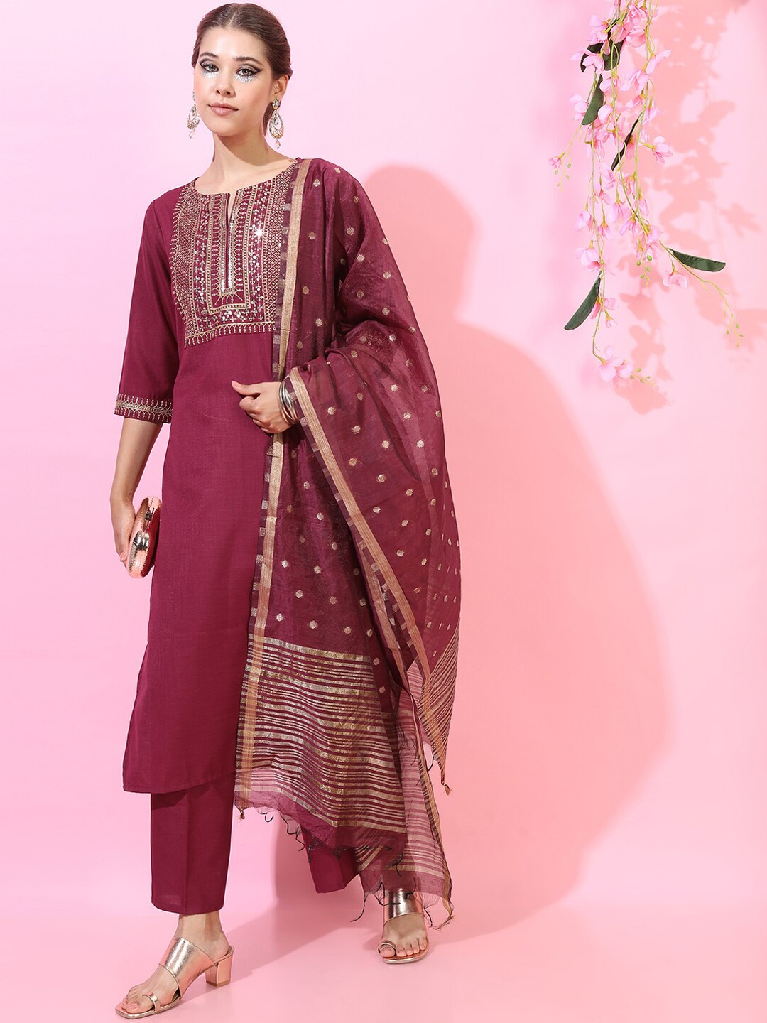 

Vishudh Women Pink Embroidered Layered Kurta with Trousers & With Dupatta