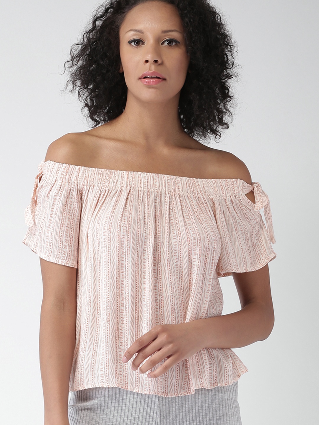 

FOREVER 21 Women Cream-Coloured Printed Bardot Top