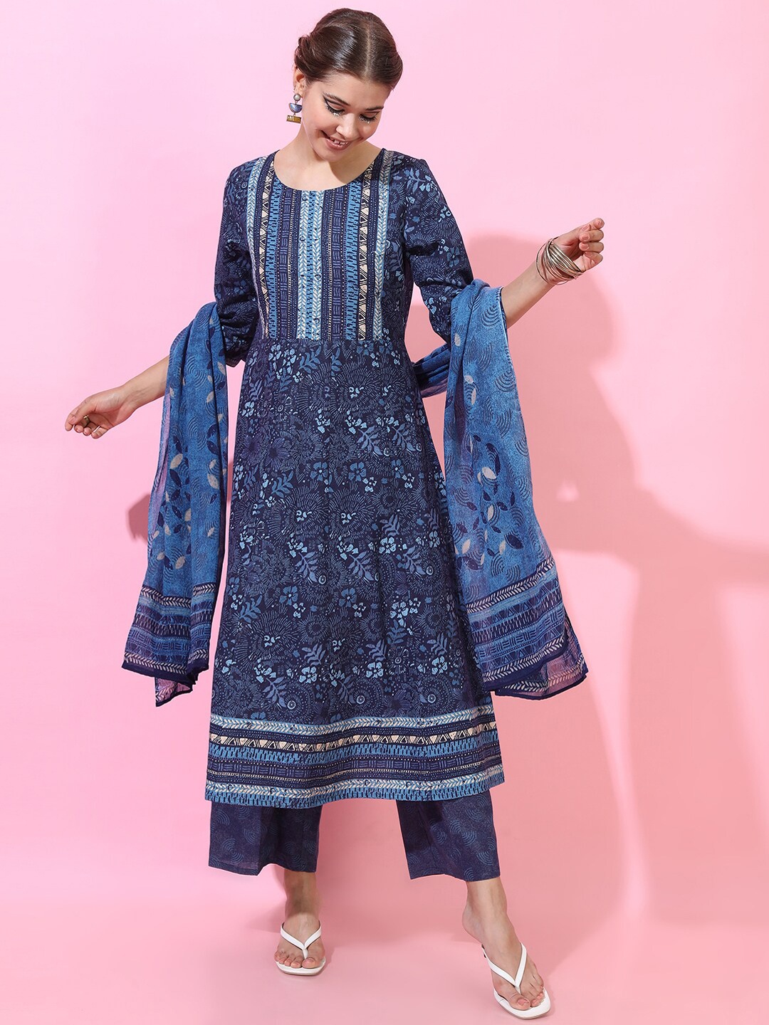 

Vishudh Women Blue Ethnic Motifs Embroidered Layered Pure Cotton Kurti with Trousers & With Dupatta