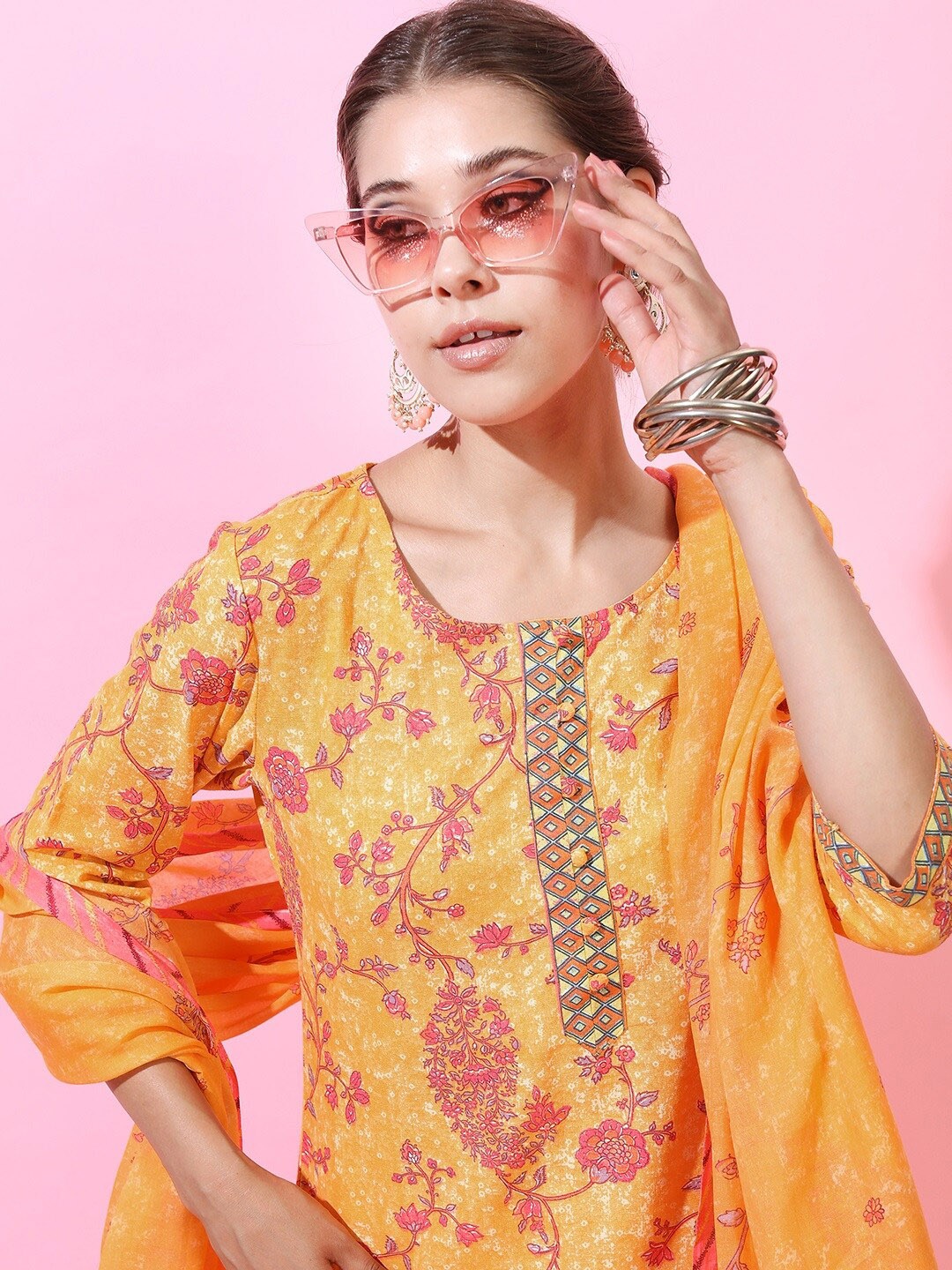 

Vishudh Women Yellow Floral Printed Pure Cotton Kurti with Trouser and Dupatta