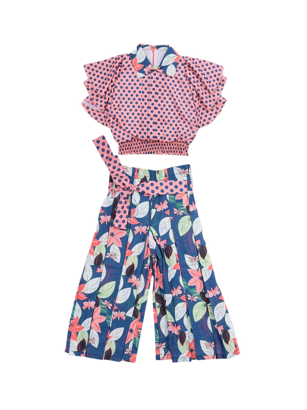 

ADIVA Girls Peach-Coloured & Blue Printed Top with Palazzos