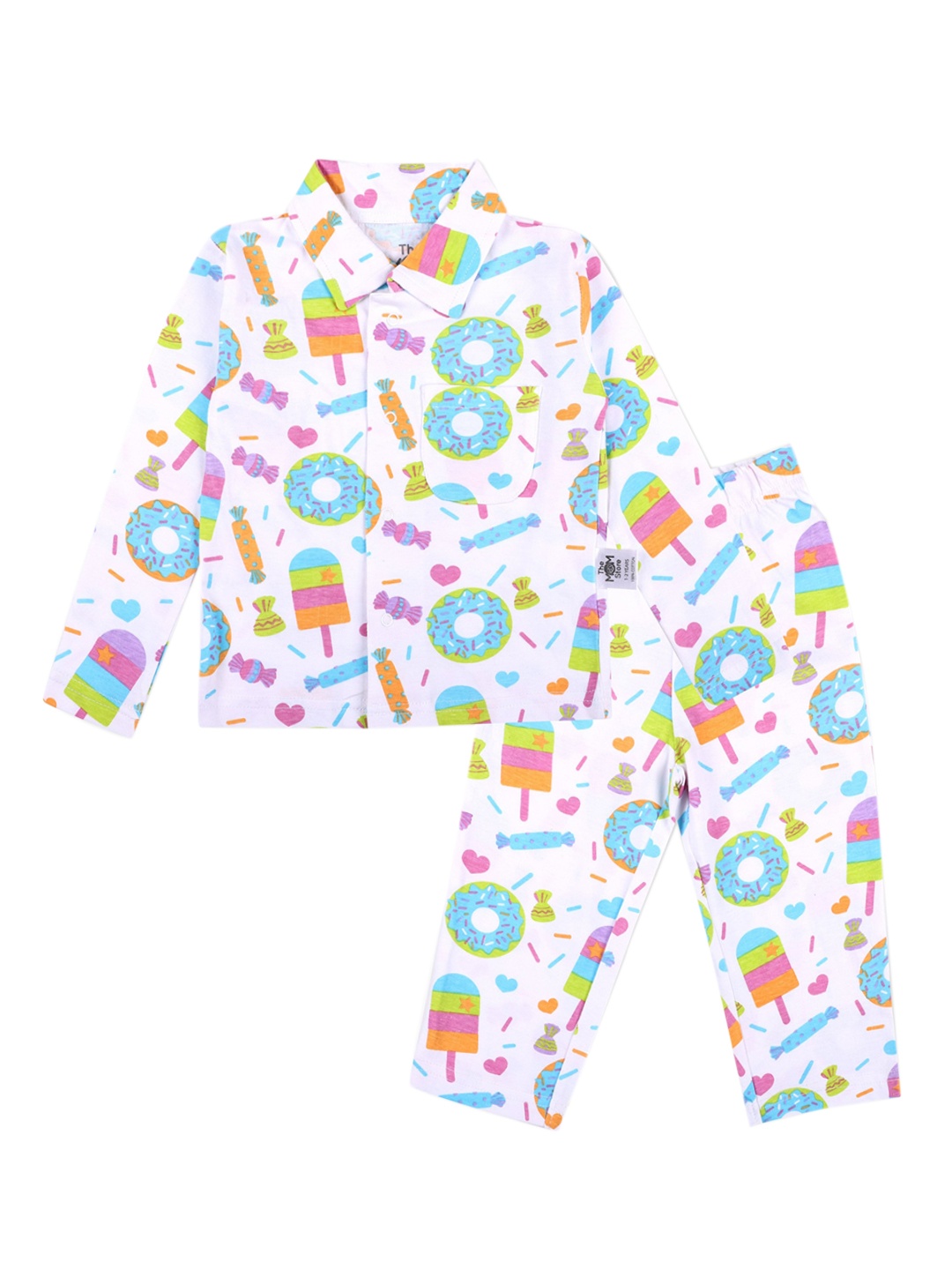 

The Mom Store Unisex Kids White & Blue Printed Night suit