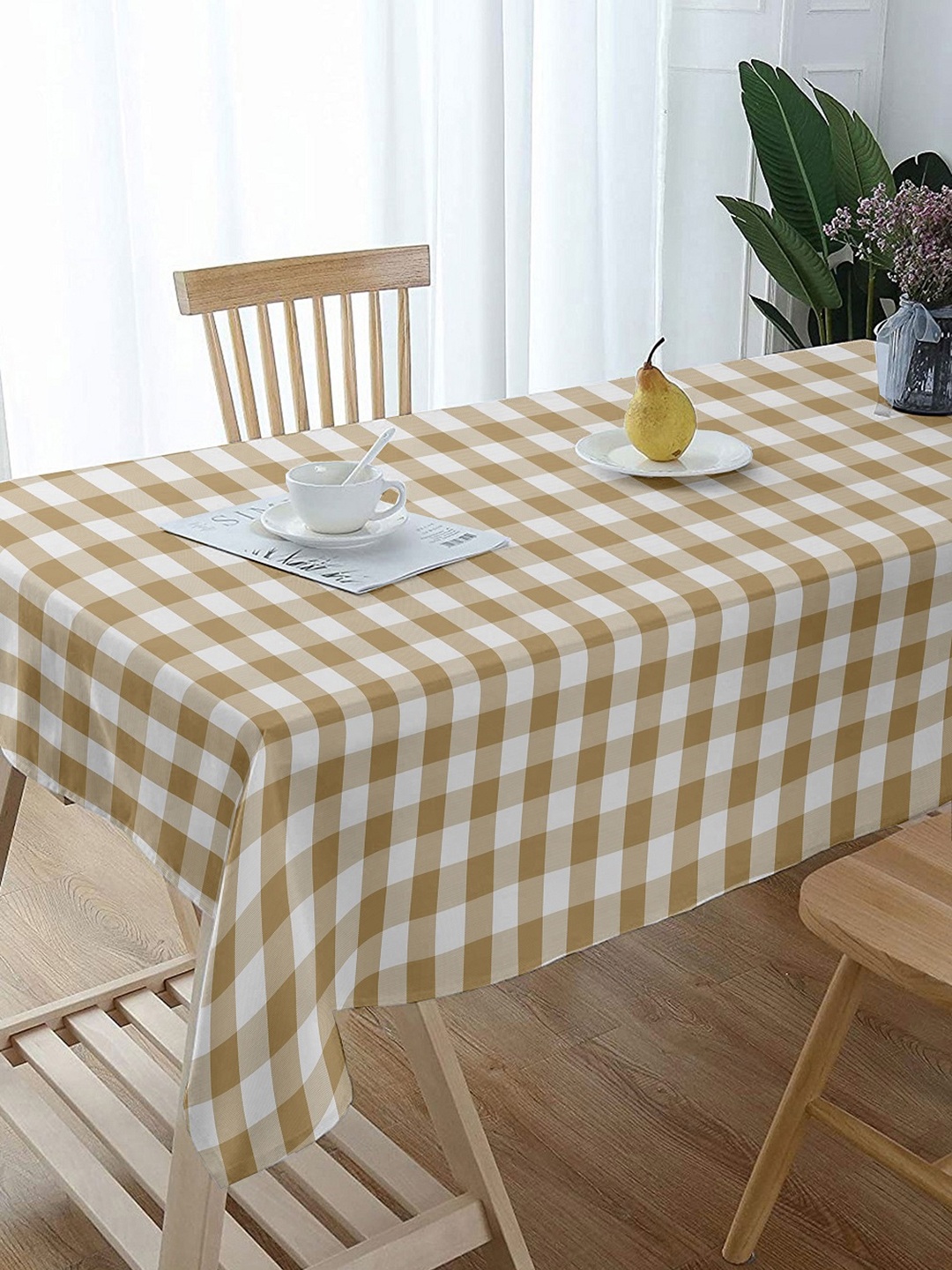 

Lushomes Beige & White Checked Cotton 6-Seater Dining Table Cover