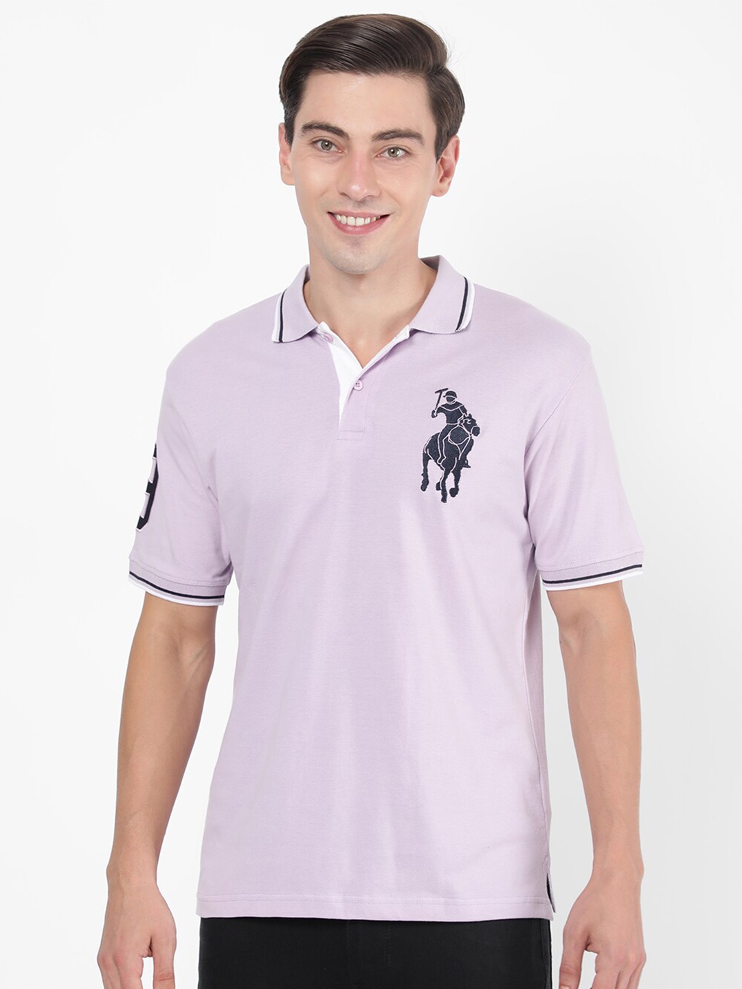 

R&B Men Purple Varsity Polo Collar Applique T-shirt