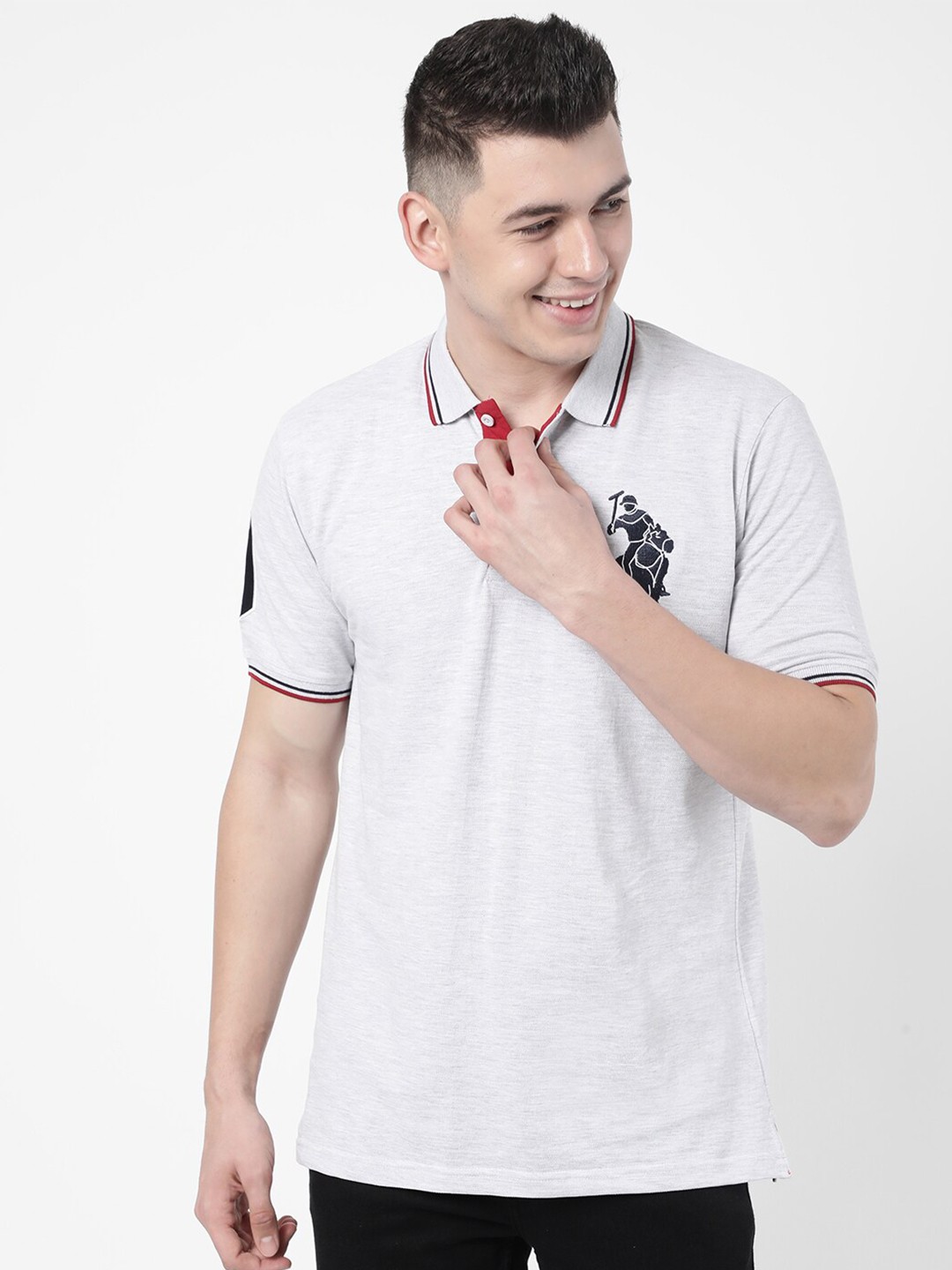 

R&B Men Grey Typography Printed Polo Collar Applique T-shirt
