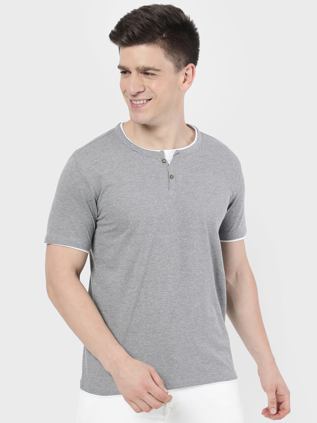 

R&B Men Grey Henley Neck Applique T-shirt