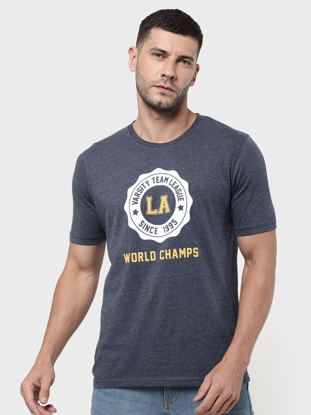 

R&B Men Blue Typography Printed Applique T-shirt