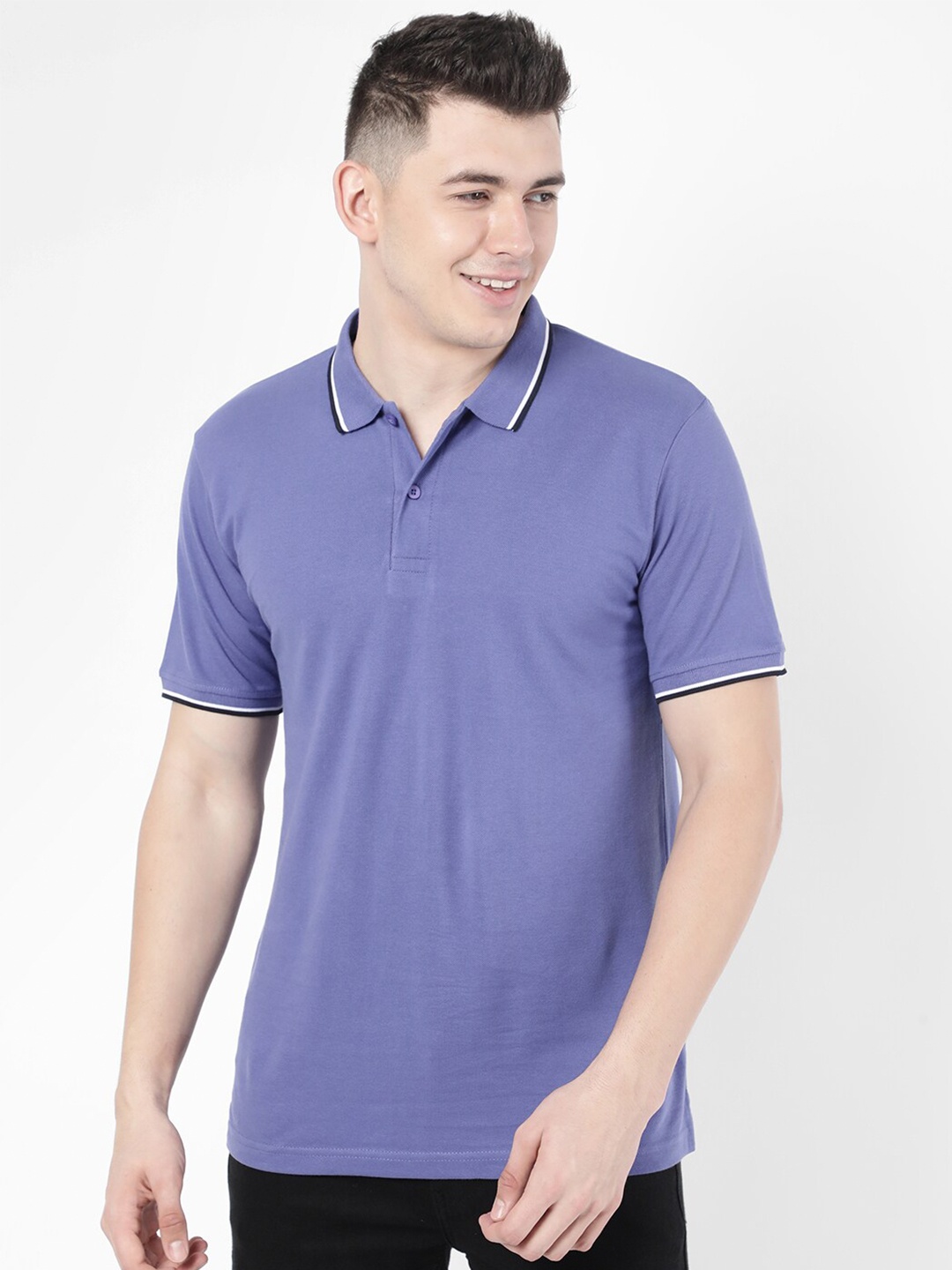 

R&B Men Blue High Neck Drop-Shoulder Sleeves Raw Edge T-shirt