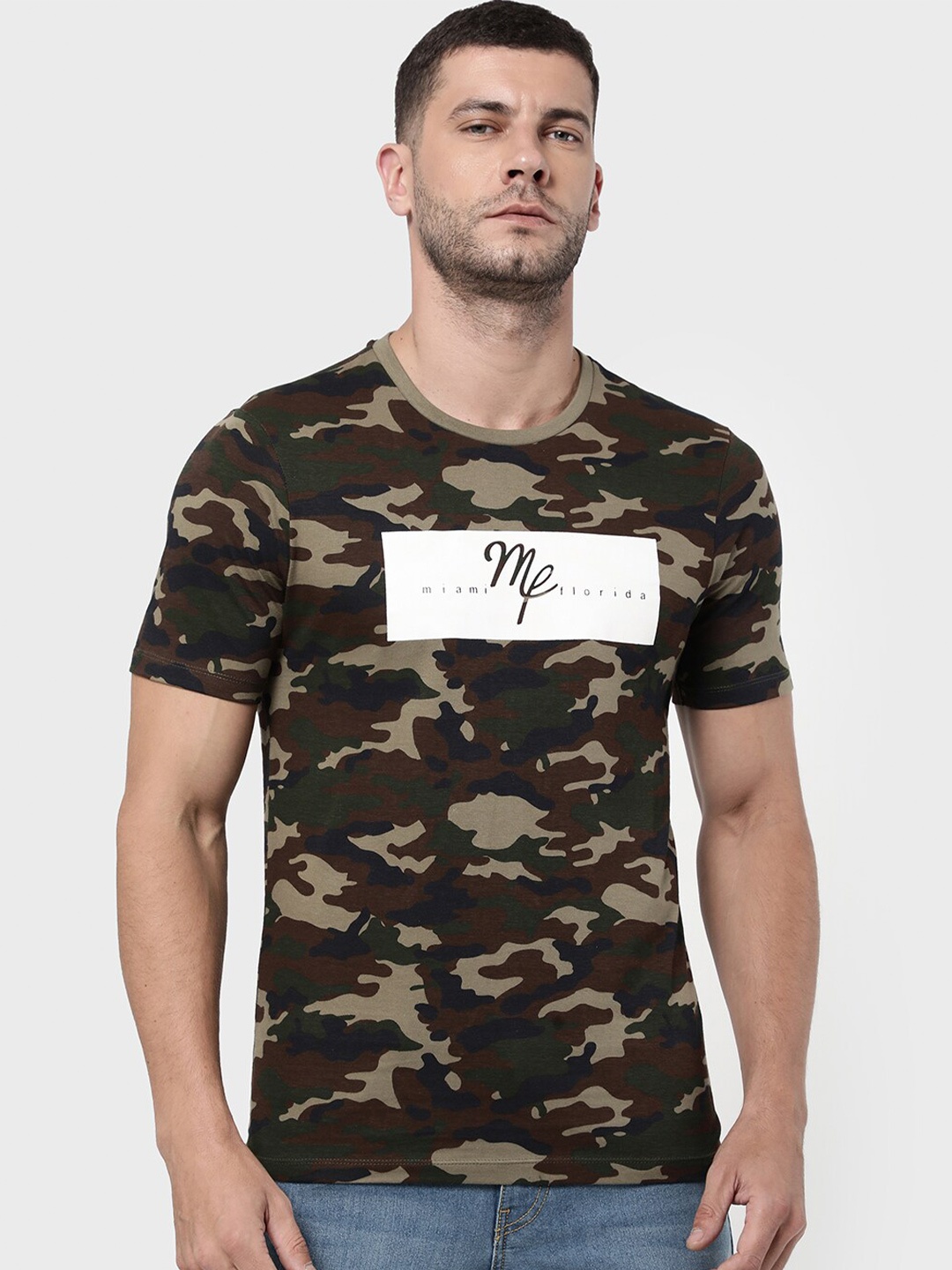 

R&B Men Olive Green Printed Applique T-shirt