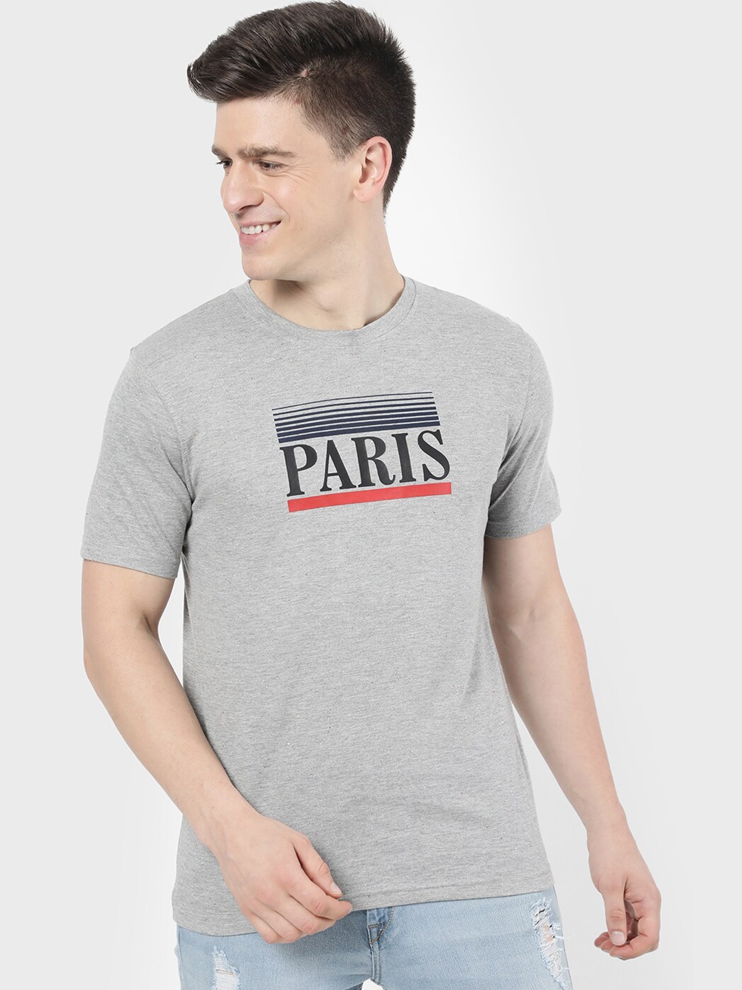 

R&B Men Grey Typography V-Neck T-shirt