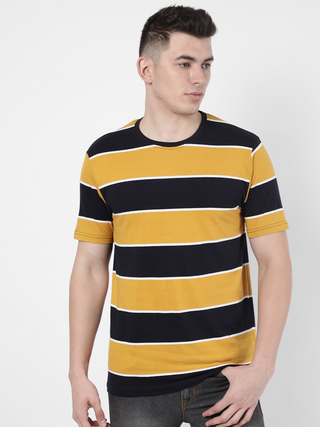 

R&B Men Yellow Striped Mandarin Collar T-shirt