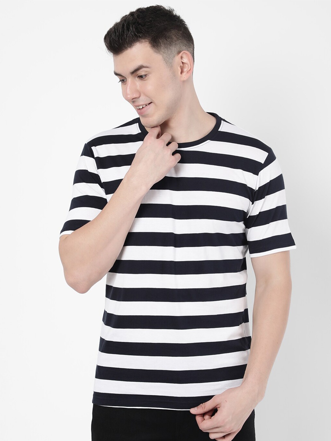

R&B Men Blue Striped High Neck Monochrome T-shirt