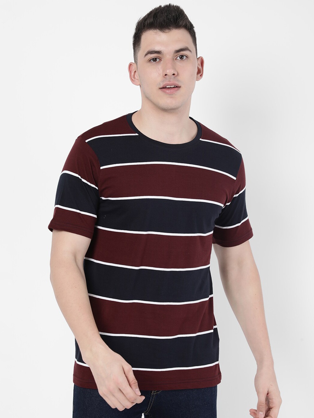 

R&B Men Maroon Striped T-shirt