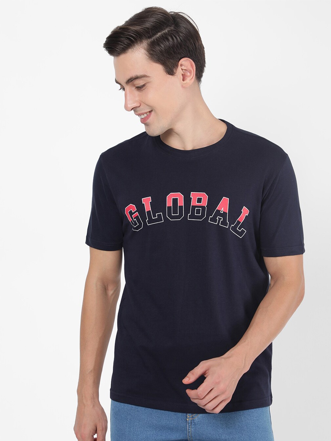 

R&B Men Blue Typography Printed Applique T-shirt