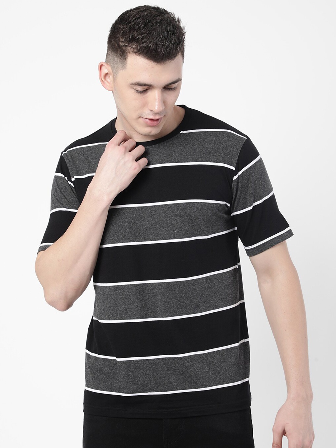 

R&B Men Grey Striped T-shirt