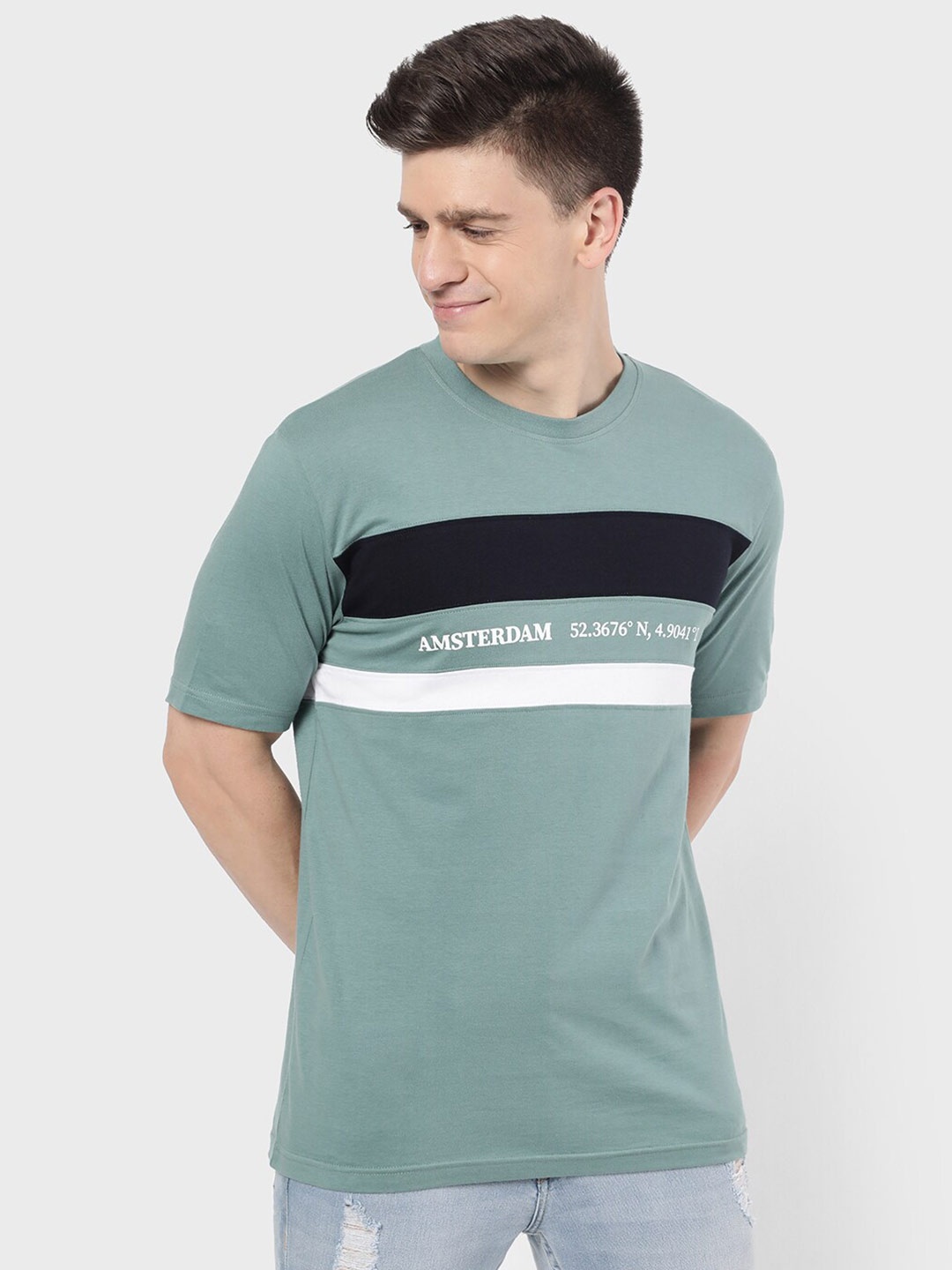 

R&B Men Green Varsity Colourblocked T-shirt