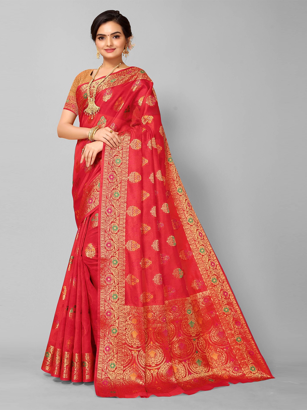 

Mitera Red & Green Woven Design Zari Organza Saree