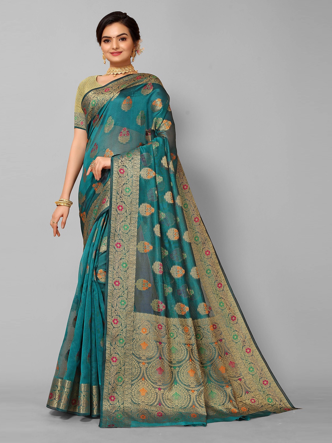 

Mitera Teal & Red Woven Design Zari Organza Saree