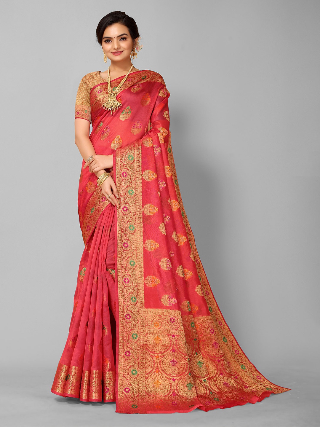 

Mitera Red & Gold-Toned Woven Design Zari Organza Saree