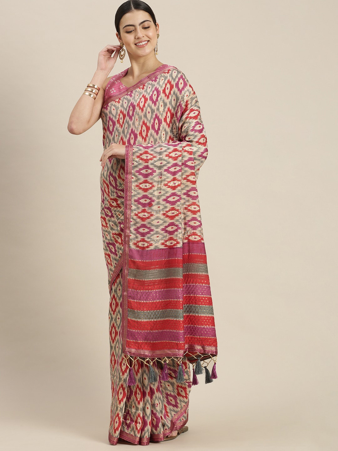 

ATRANGI Pink & Green Zari Ikat Saree