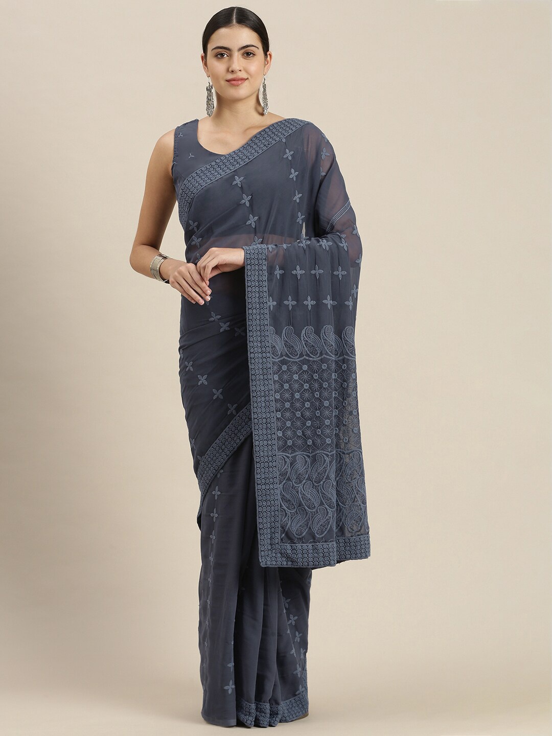 

ATRANGI Grey Ethnic Motifs Chikankari Saree