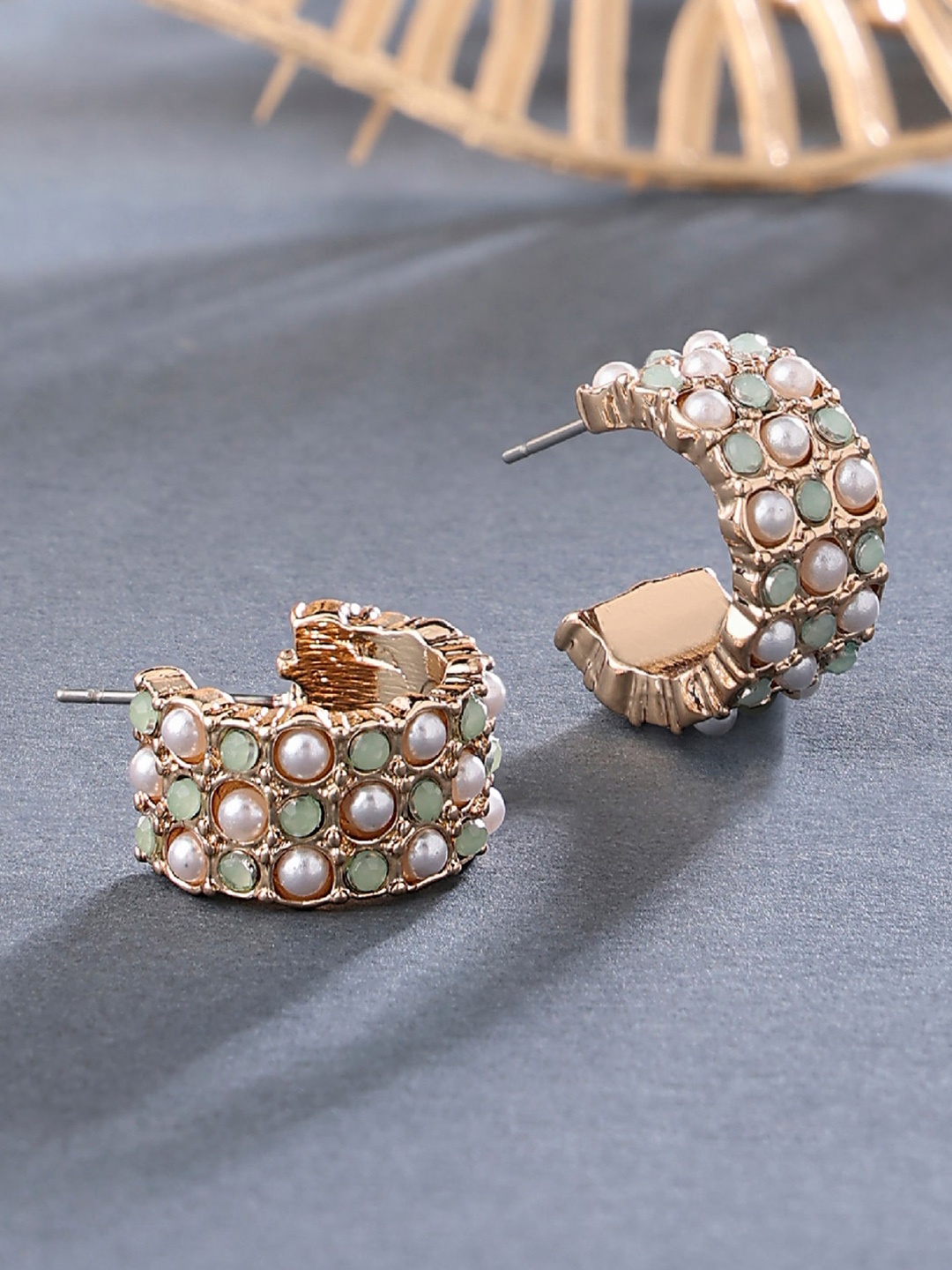 

Accessorize Celestial Pearl & Stones Studded Chunky Half Hoop Earrings, Green