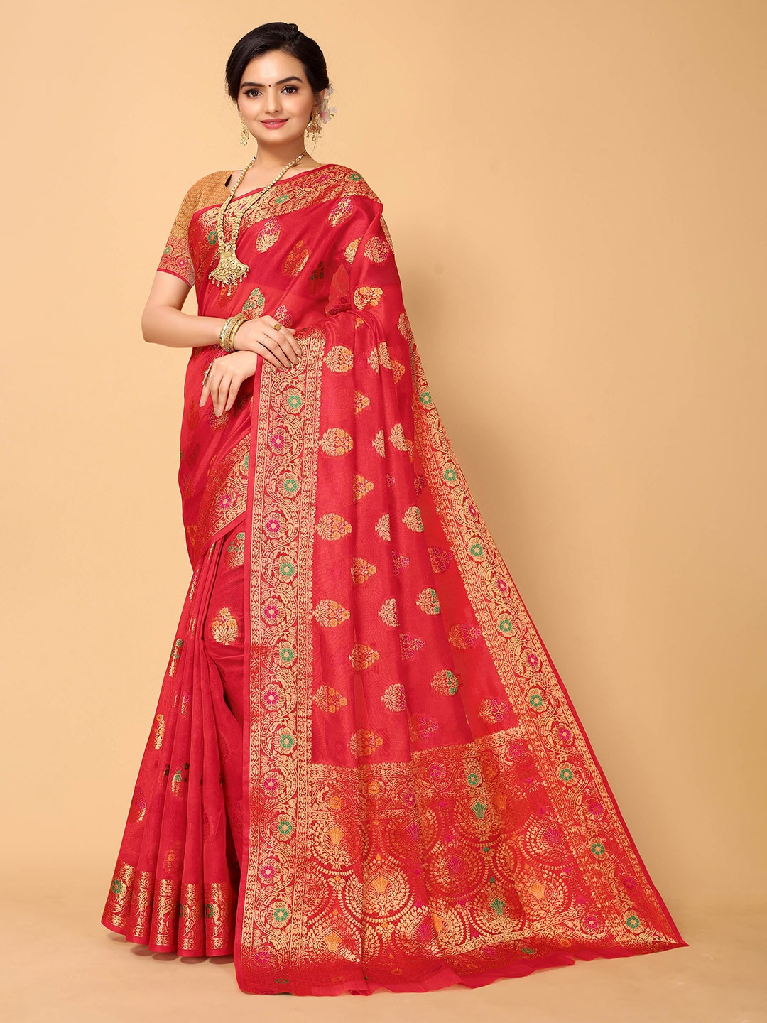 

all about you Red & Gold-Toned Woven Design Zari Organza Saree