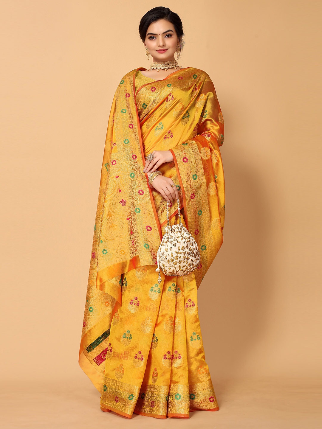 

all about you Orange & Gold-Toned Woven Design Silk Saree