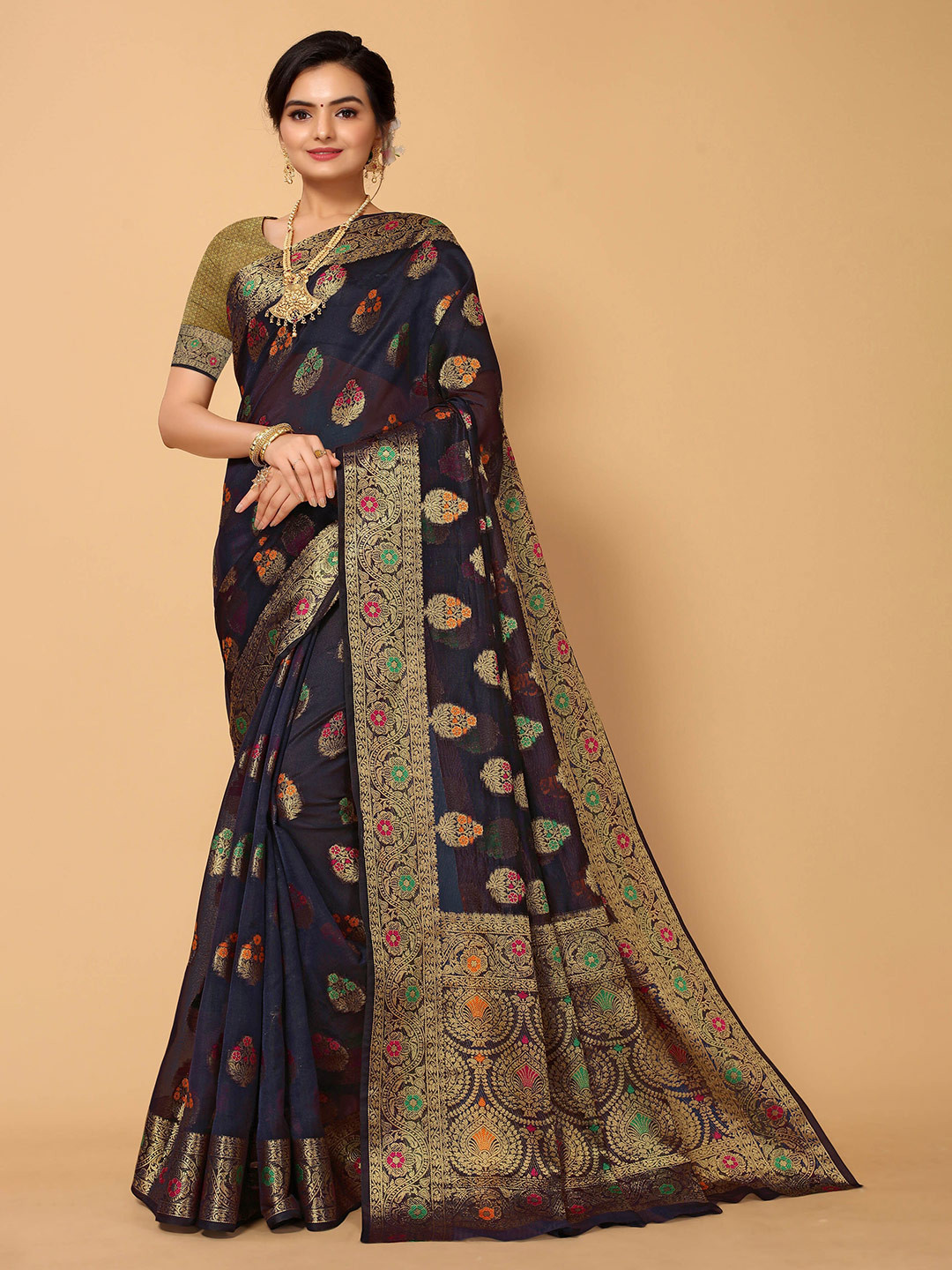

all about you Blue & Green Woven Design Zari Organza Saree
