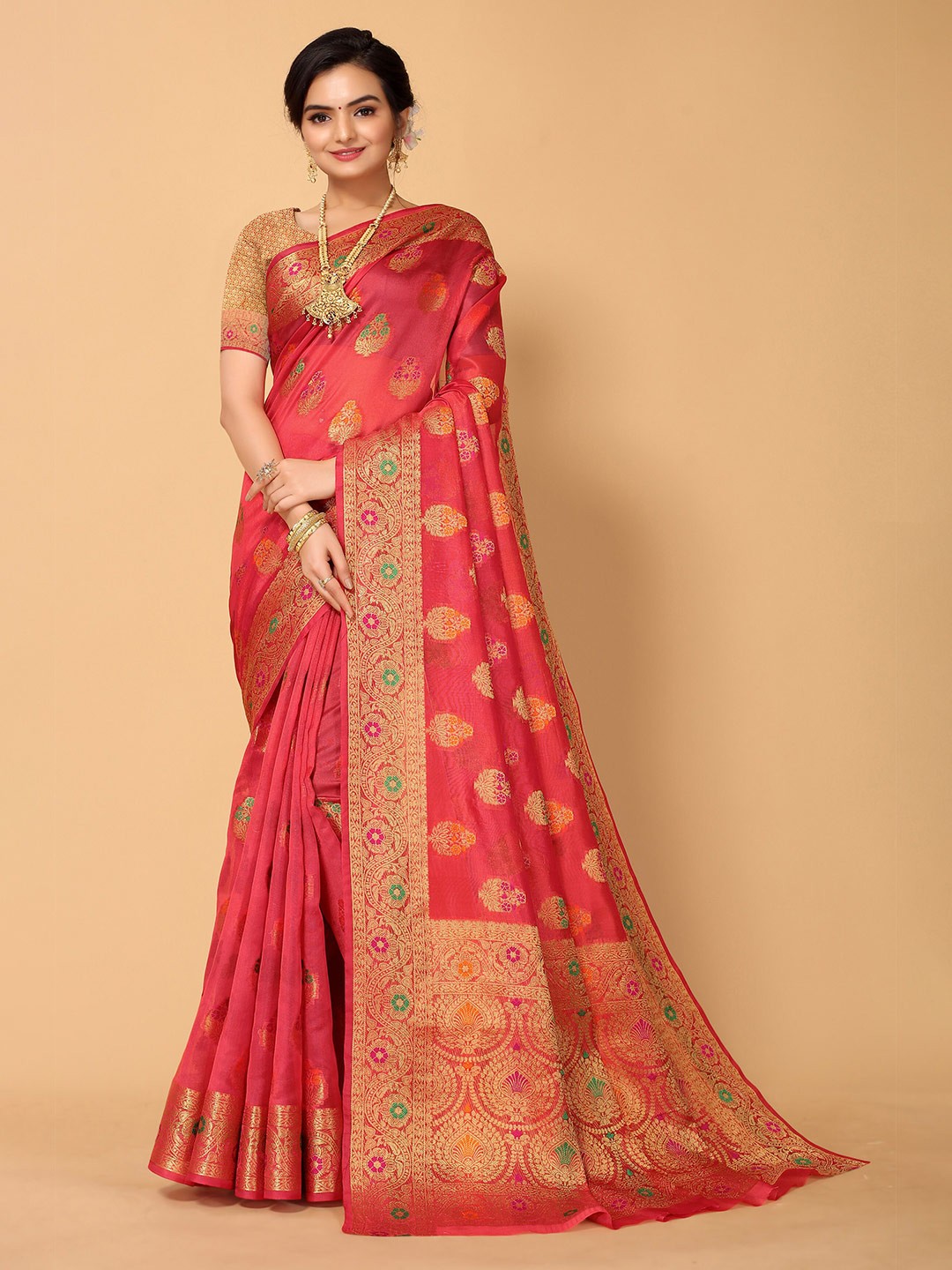 

all about you Red & Pink Woven Design Zari Organza Saree