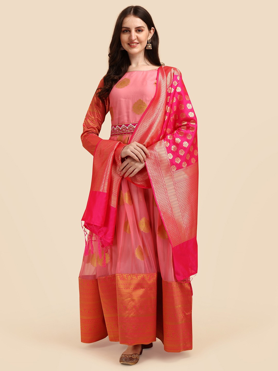 

Vidraa Western Store Pink Jacquard Maxi Dress