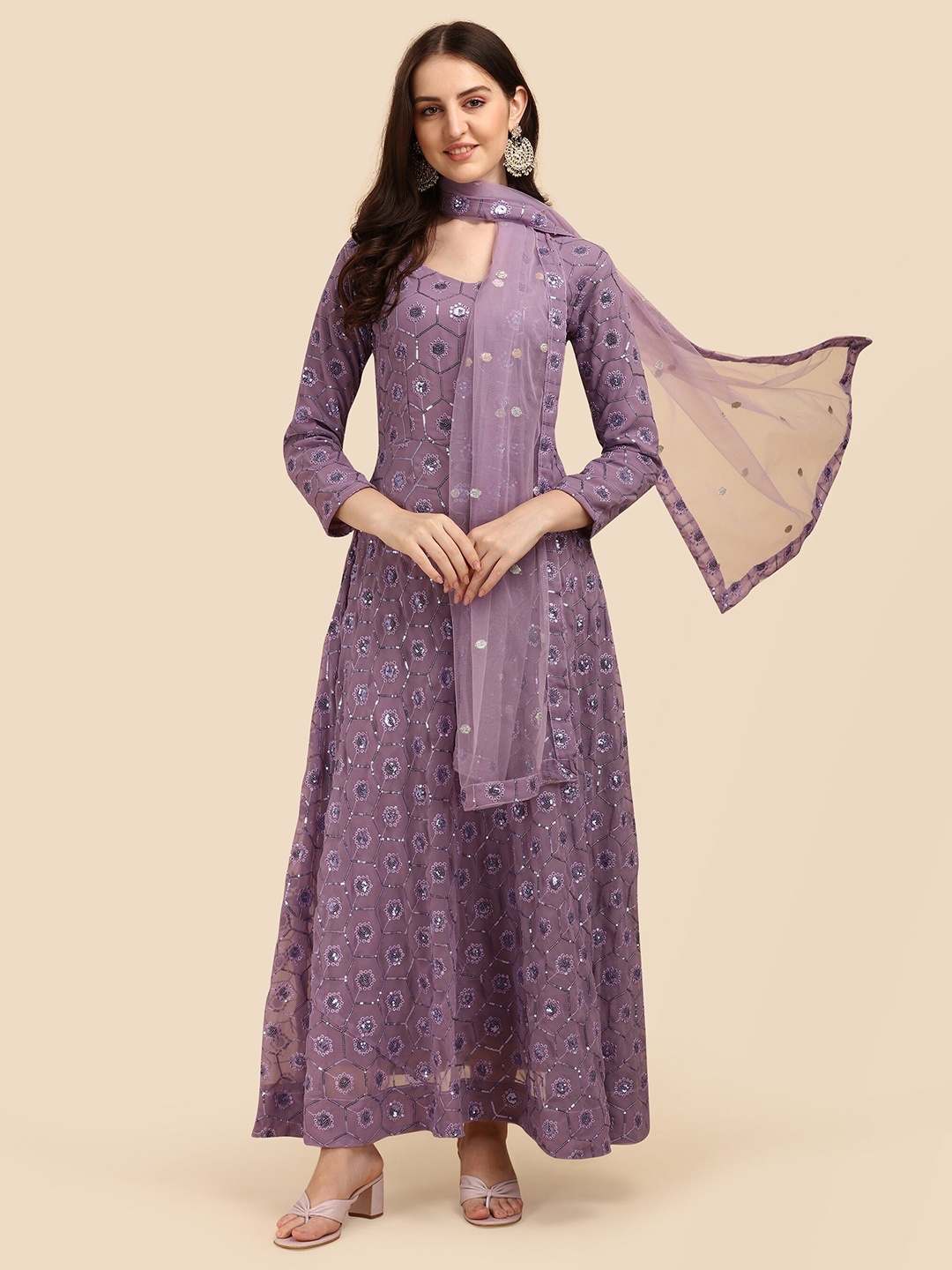 

Vidraa Western Store Floral Tie-Up Neck Georgette Maxi Dress, Lavender